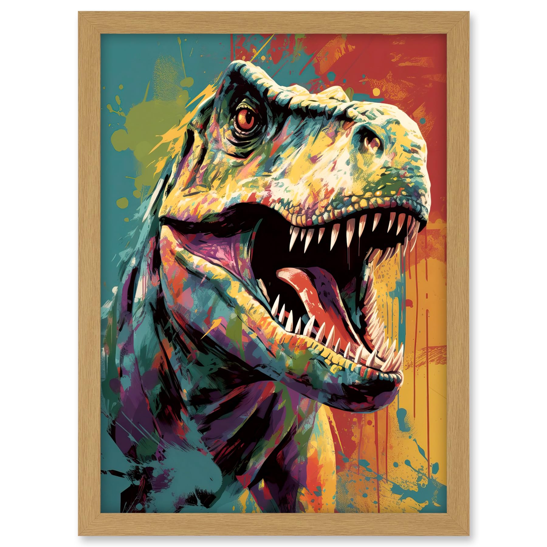 Artery8 Roaring T-Rex Multicoloured Dinosaur Portrait Artwork Framed A3 Wall Art Print