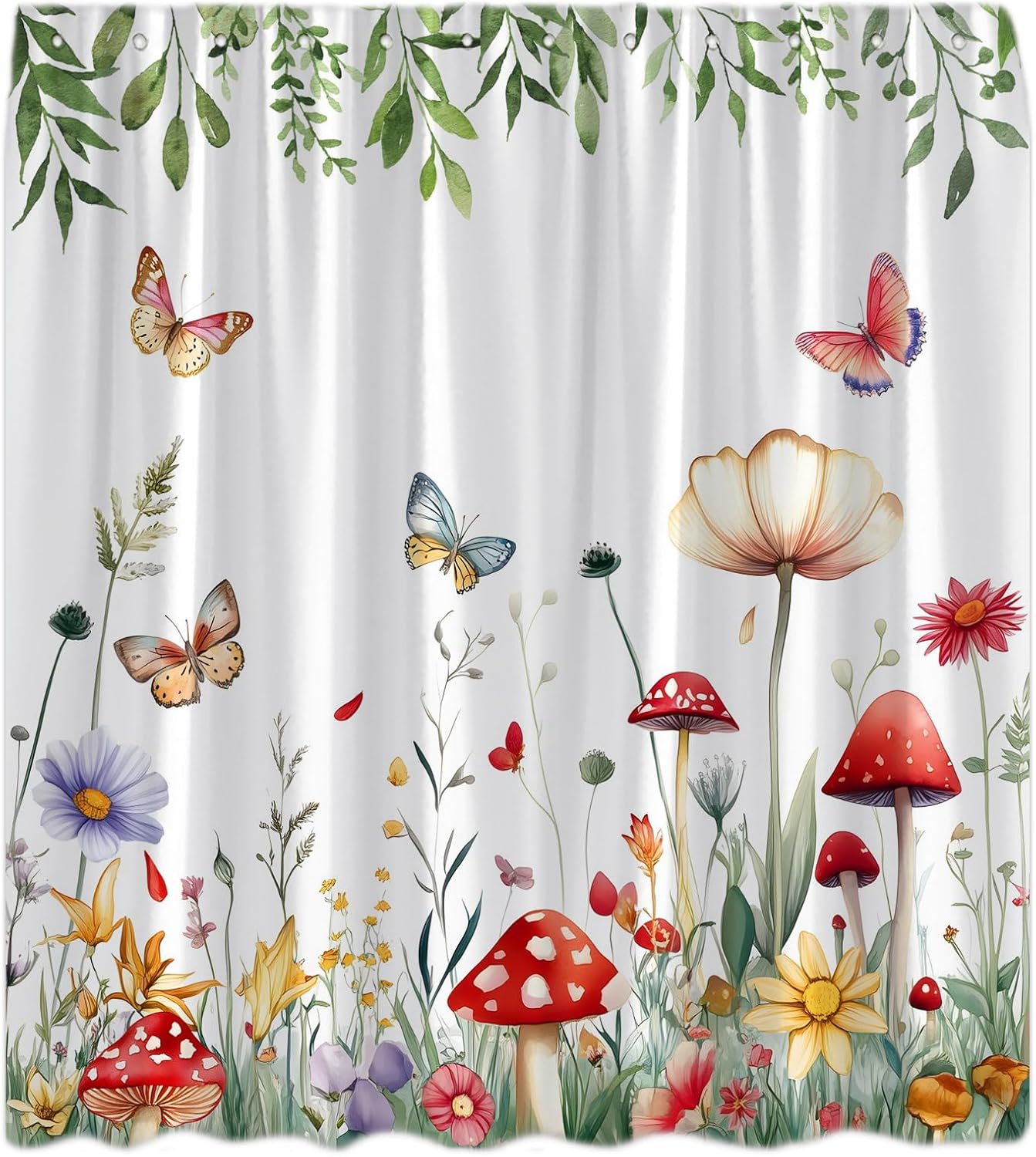 Sage Green Mushroom Shower Curtain Watercolor Eucalyptus Leaves Butterfly Floral Boho Botanical Spring Nature Bathroom Curtains Decor with Hooks