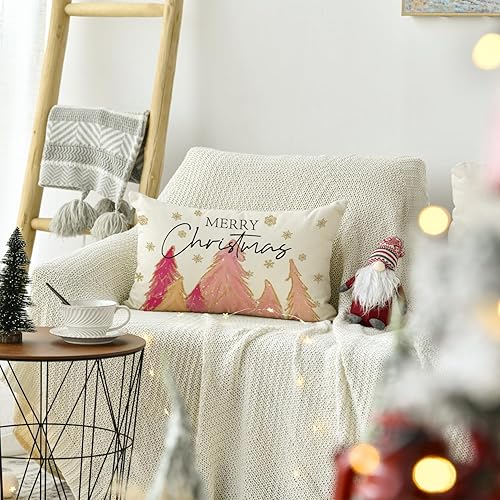 Miniatura 4 de AVOIN colorlife Funda de almohada rosa para árbol de Navidad 12 x 20 pulgadas decoración de funda de cojín de Navidad rosa para sofá