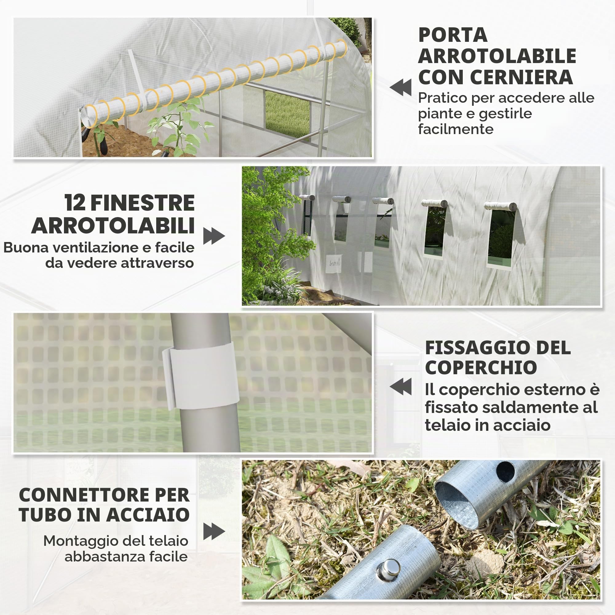 Outsunny Grande Serra a Tunnel da Giardino 24 m² PE 8x3x2m Bianca | Telaio in acciaio zincato Ø24mm, porta arrotolabile, 12 finestre