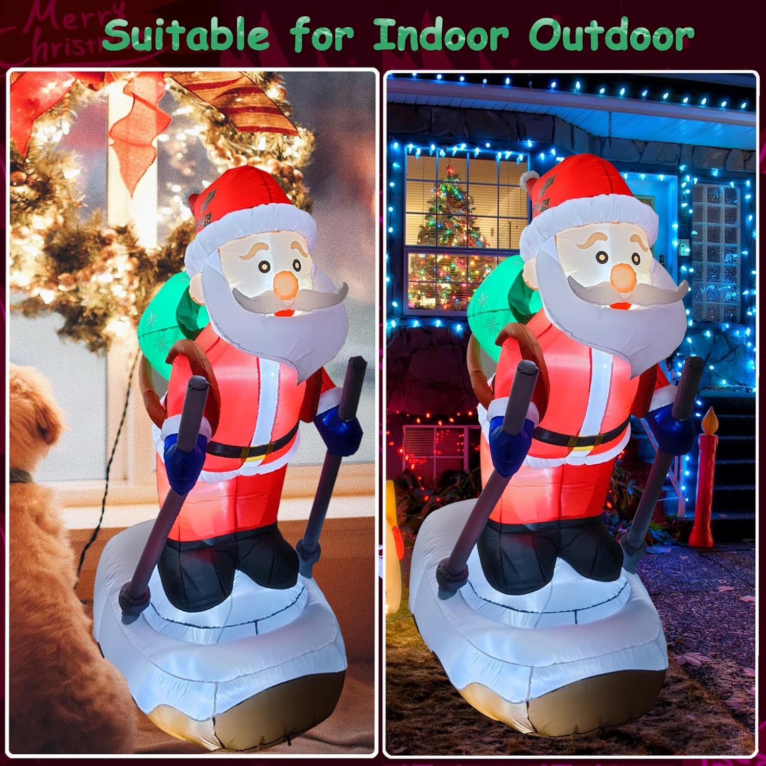 6.2FT Christmas Inflatable Santa Claus Outdoor Decoration, Built-in LED Lights Blow Up Skiing Santa Claus, Santa with Snowboard Inflatable Decor for Xmas Yard Outdoor Indoor Lawn Garden Party - Image 5