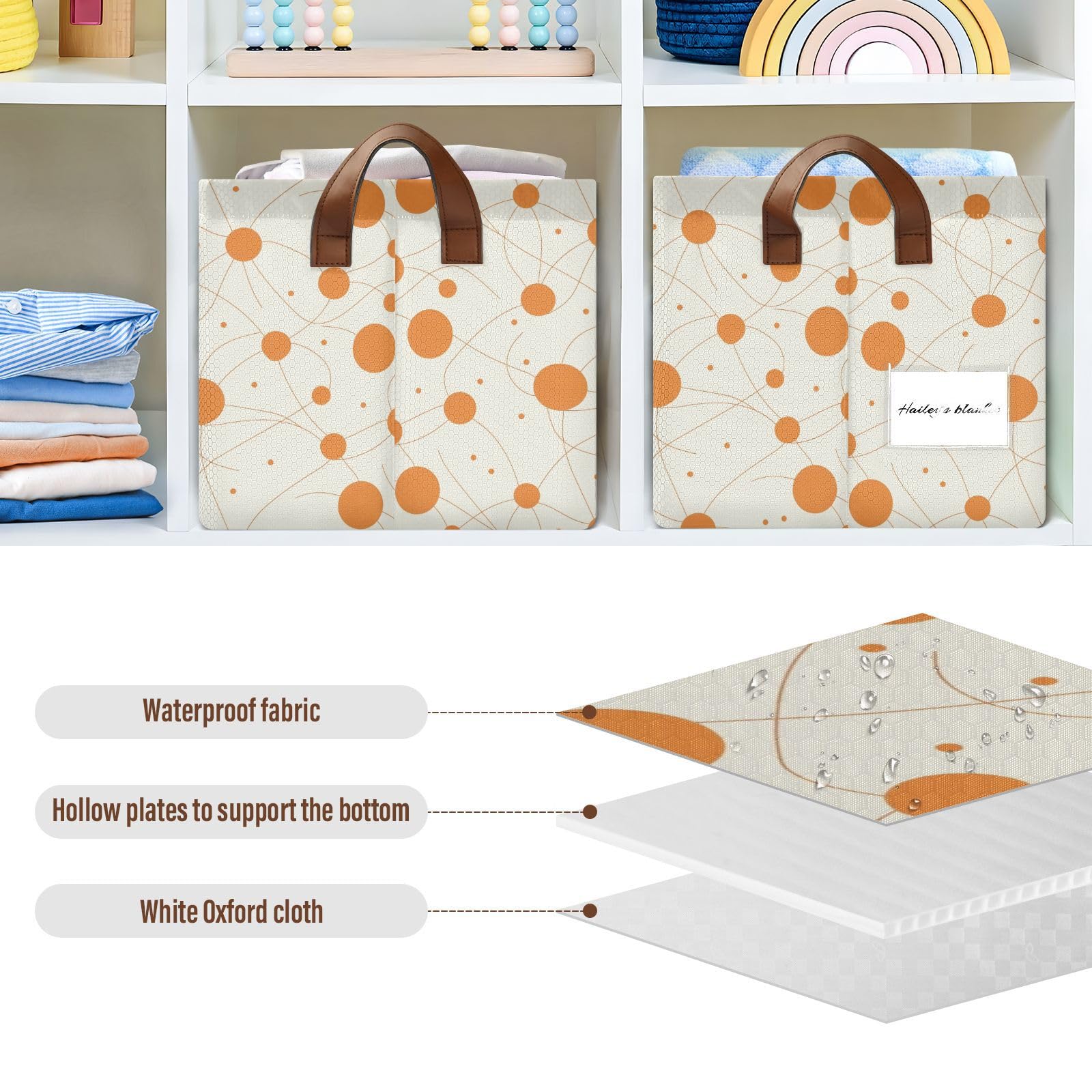 KLL Cestas de almacenamiento grandes de tela con asas de lunares naranjas, minimalistas, grandes, para maquillaje, libros, estantes, sala de estar, paquete de 2 cajas de almacenamiento para armario