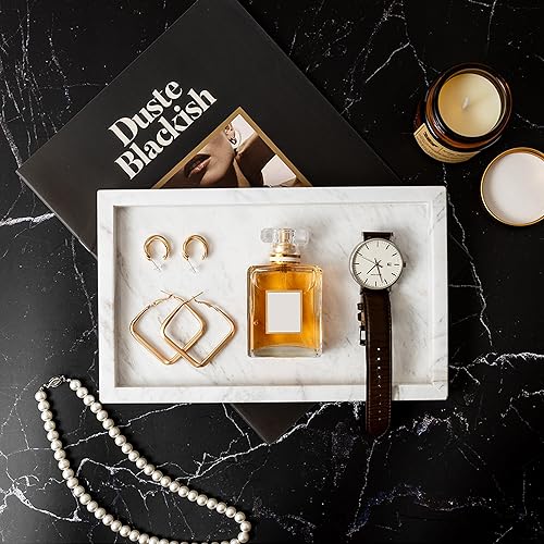 Miniatura 4 de WORHE Bandeja de tocador de mármol italiana para joyas, perfumes, maquillaje, velas, toallas, bandejas decorativas modernas naturales para baño,