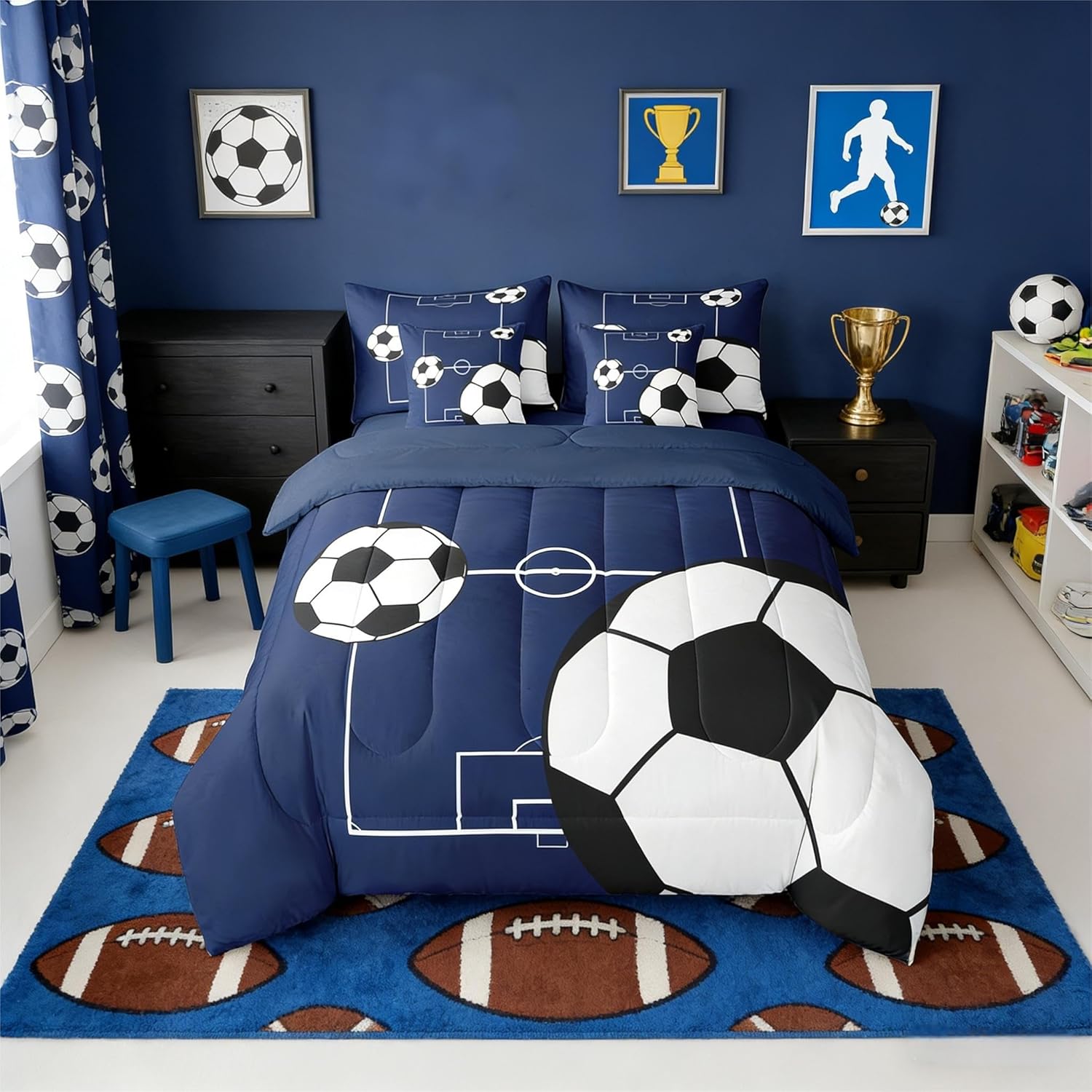 Erosebridal Football Bedding Set Twin Size 7 Pieces Boys Sports Theme for Teens Soccer Ball Pattern Bed in a Bag Football Court Comforter Set with Sheets Playground Blue White for Kids Girls