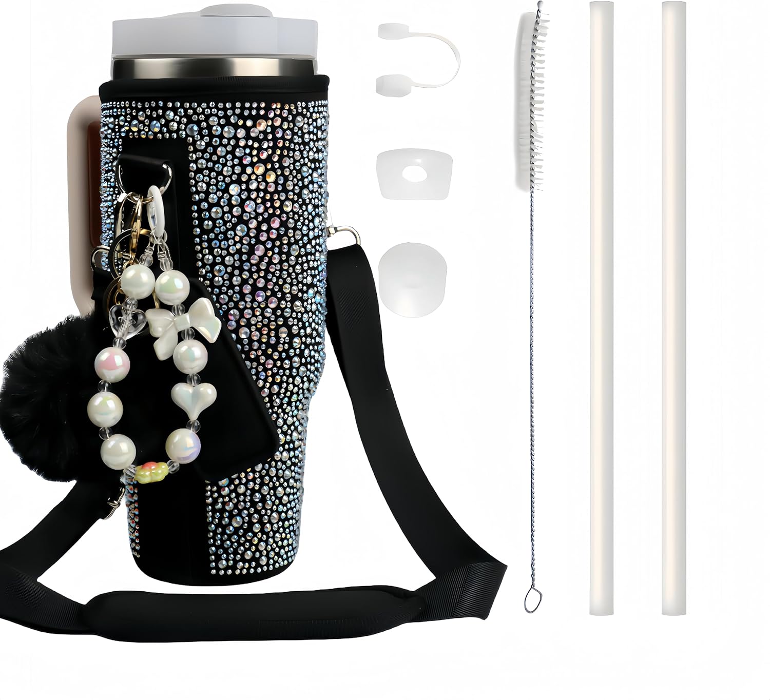 Stanley Cup Carrier Bag for 41oz Tumbler - Adjustable Strap Belt Bag with Straw Cover & Pompom Keychains - Black Diamond