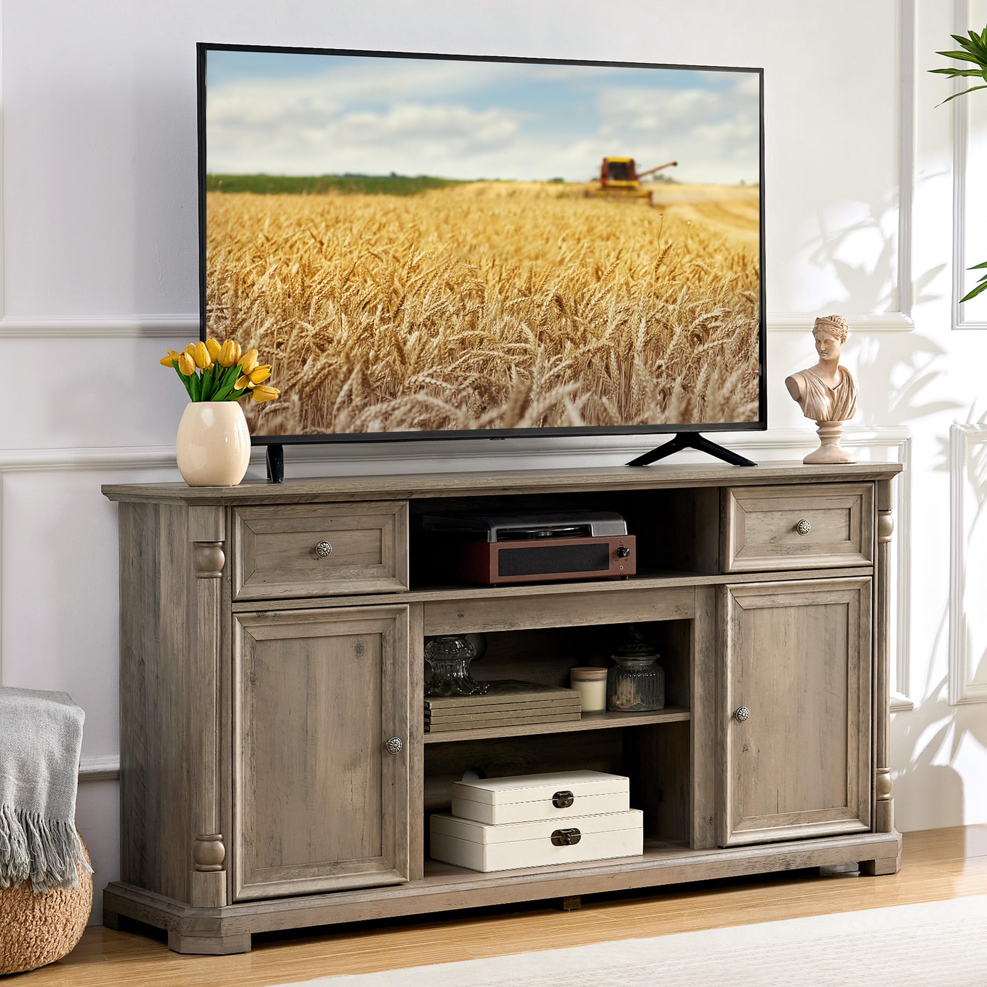Yechen 62'' Farmhouse TV Stand for Living Room - 31.5'' Tall Entertainment Center with Storage Cabinets & Drawers, Wood Media Console Table with Roman Columns, for 75 Inch TV, Weathered Oak