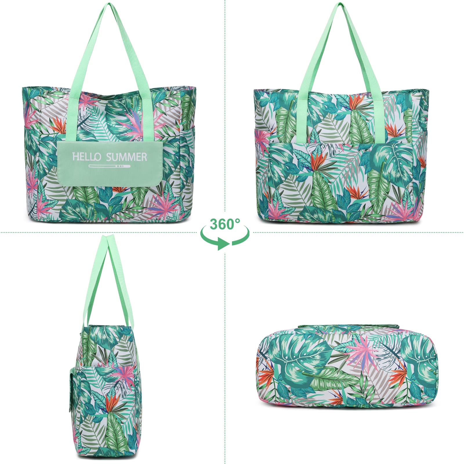 Myhozee Borsa Mare Grande XXL Famiglia, Borsa da Spiaggia Donna Impermeabile con Chiusura Lampo, per Piscina, Gite in Spiaggia, Picnic, Viaggi, Foglia Verde