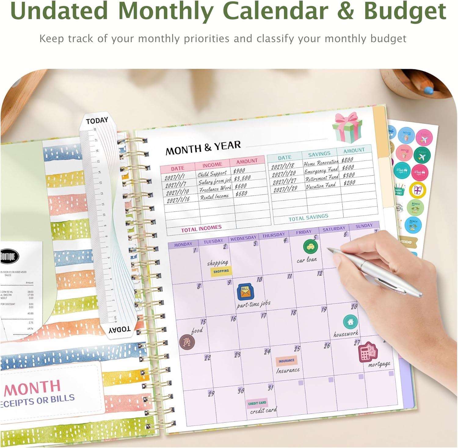 Ospelelf Budget Planner and Monthly Bill Organizer, Spiral Bindding Money Expense Tracker with Pockets & Stickers, 9" X 11" Large Pages for Spacious Writing, Original Fun Colorful Design, 12 Month Financial Notebook Green Floral
