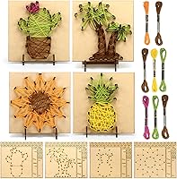 Janlaugh 4-Pack Summer String Art DIY Kit: Palm Tree, Cactus, Sunflower, Pineapple Wood Boards with Pins, Yarn & Stands for Adults