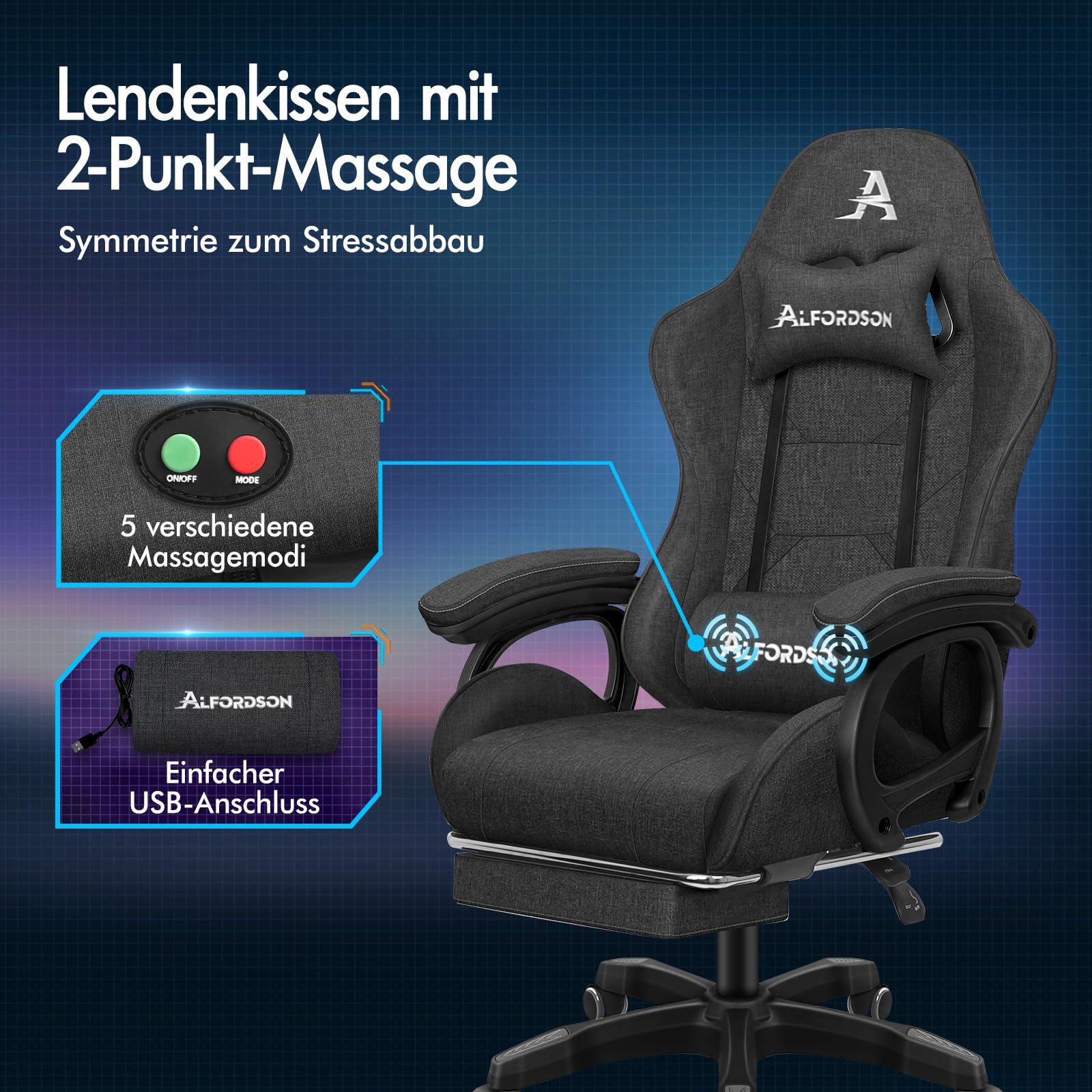 ALFORDSON Gamingstuhl, Bürostuhl, mit 2-Punkt-Massage, Fußstütze, Kopfstütze und Lendenkissen, 150° verstellbare Rückenlehne, Leinen Fabric, Dunkelgrau
