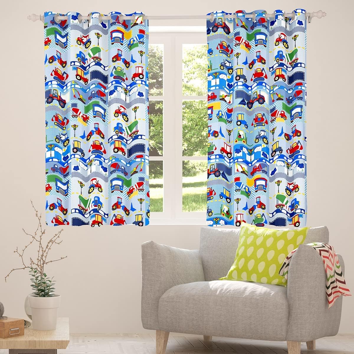 Feelyou Kids Construction Curtains for Bedroom Equipment Trucks Darkening Dreapes Decor Excavator Tractor Blackout Curtains Construction Vehicles Blue Plaid Window Treatments (2 Panels, 42 x 63 Inch)