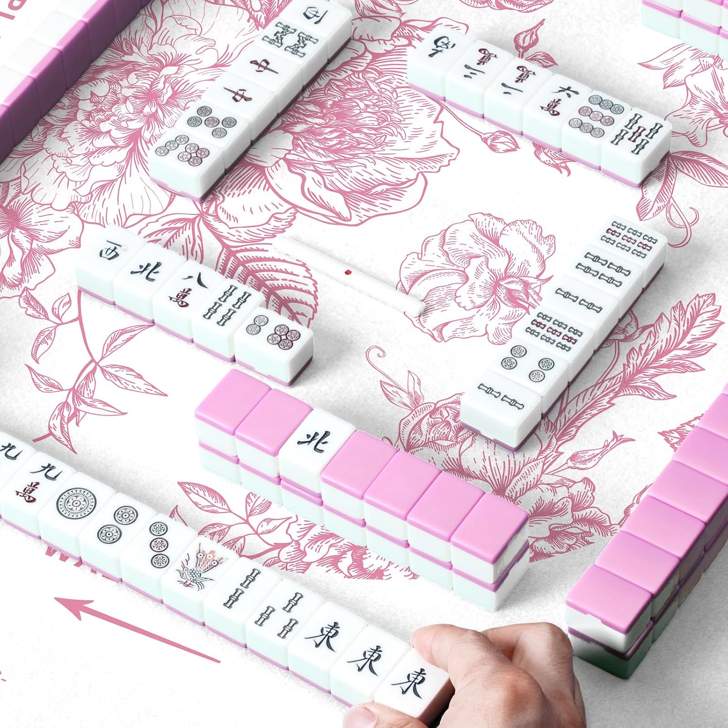 Mahjong Tablecloth with Game Rules, 55" x 55" Light Pink Flower image 5