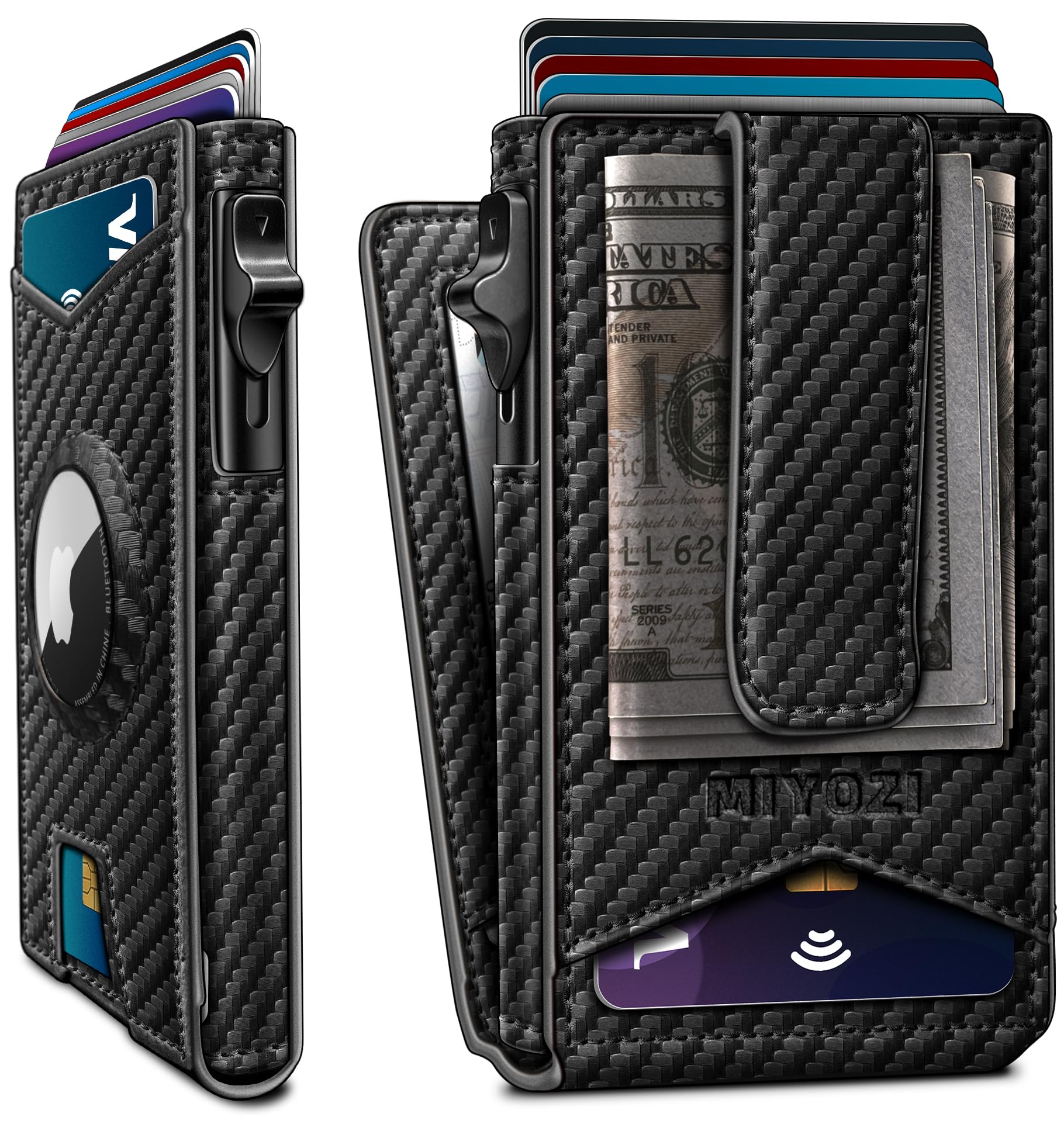 miyozi Airtag Wallet for Men Money Clip 9-Card Pop-Up Credit Card Holder with ID Window RFID Blocking Metal Case Magnetic Closure Front Pocket Wallet