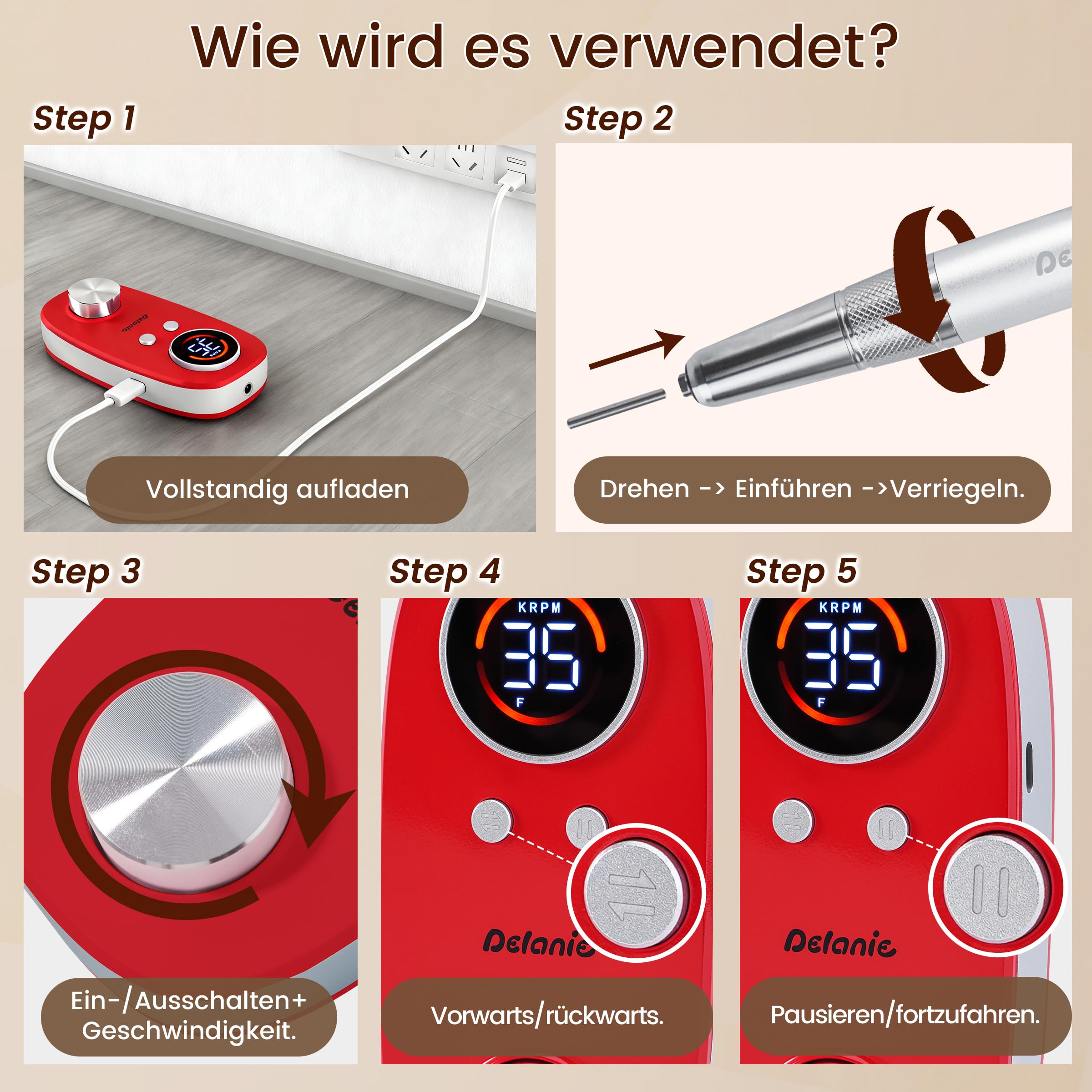 Delanie elektrische Nagelfräser für Gelnägel 35000 U/min, wiederaufladbar Fräser für Nägel mit 5000 mAh Akku, tragbarer Nagelfräser professionell mit kernlosem Motor für Maniküre und Pediküre, rot