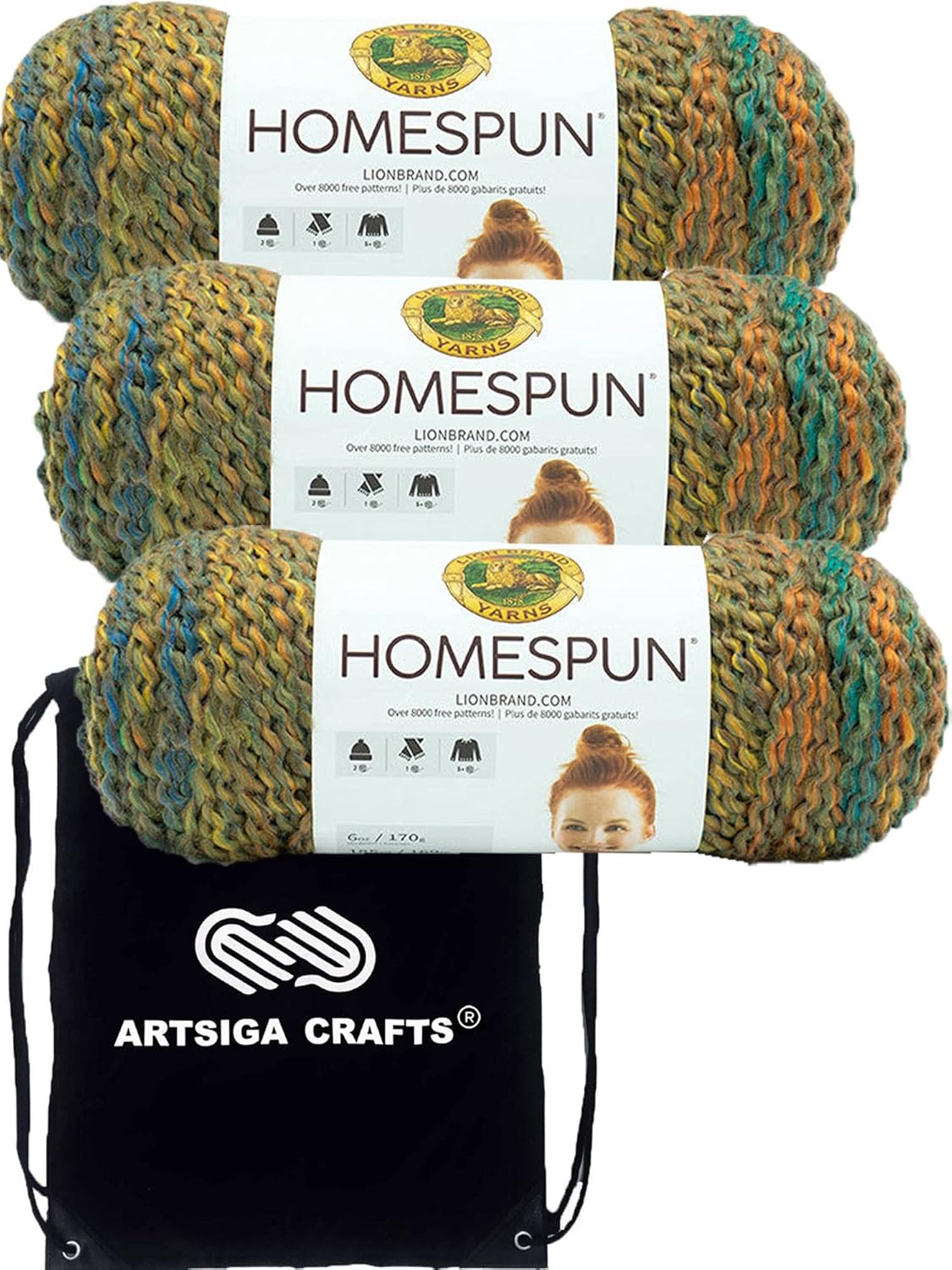 Lion Brand Homespun Painted Desert 790-407 (3-Skeins - Same Dye Lot) Chunky Bulky #5 Acrylic Yarn for Crocheting and Knitting with Project Bag