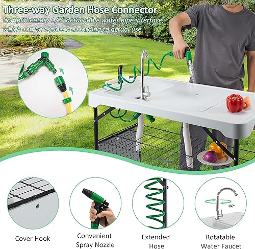 Miniatura 2 de Dragosum Mesa de limpieza de peces de 42 pulgadas para exteriores, estación de fregadero de campamento portátil con fregaderos dobles, rejilla de