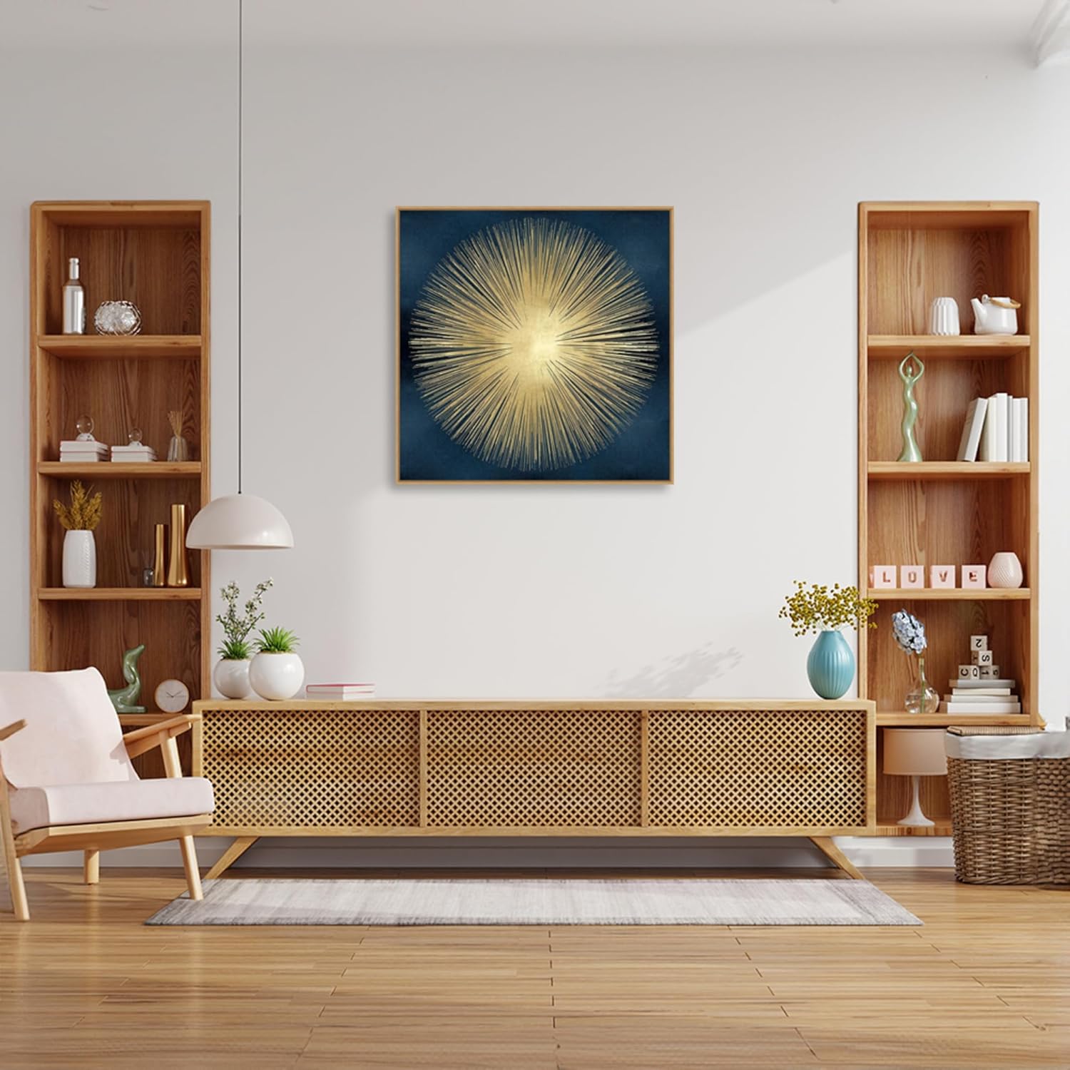 Amanti Art Framed Canvas Wall Art 30x30 Sunburst Gold on Blue I by Abby Young, Framed Wall Art Canvas, Abstract Artwork, Modern Decor, Large Poster Painting for Living Room, Bedroom, Bathroom,