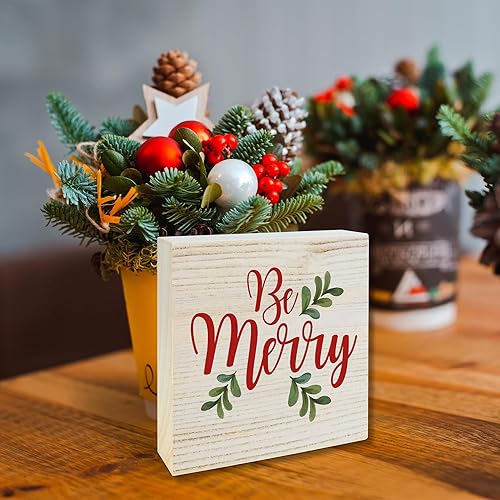 Miniatura 4 de Decoración de mesa de madera de Navidad de 5 pulgadas  Be Merry  Cartel de bloque de madera rústica regalo para Navidad, decoración de mostrador de