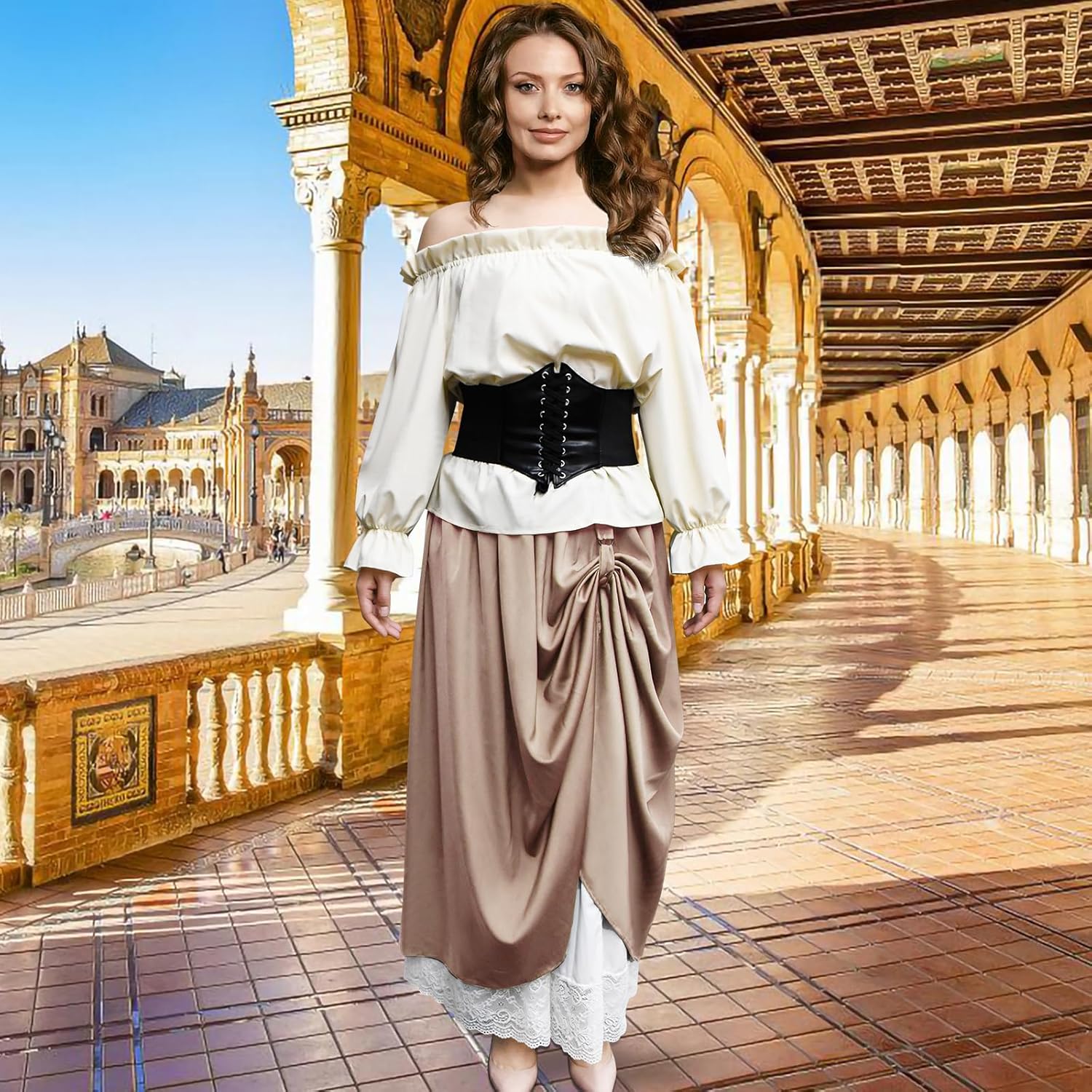 ATENTO Women Renaissance Style Skirt, Medieval Victorian Pirate Cosplay Costume Double Layered Maxi Long Skirts - Image 2