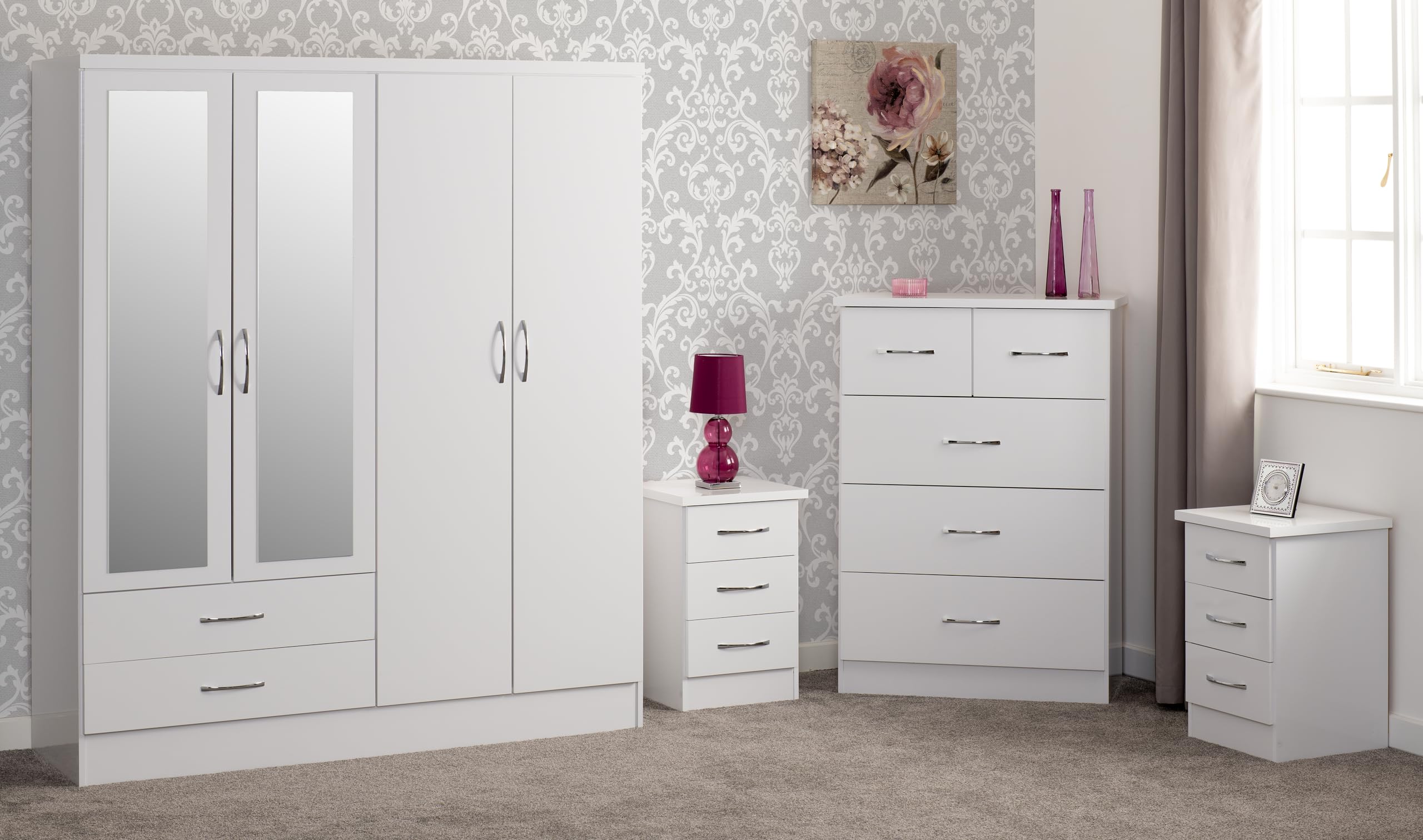 Seconique Nevada White Gloss 4 Door Mirrored Wardrobe Bedroom Set - White