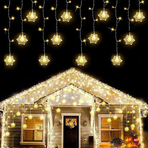 weillsnow Decoraciones de Navidad, 360 luces LED de carámbano con copo de nieve, 29.5 pies, 72 gotas de luz de carámbano con 8 modos, tira de luces
