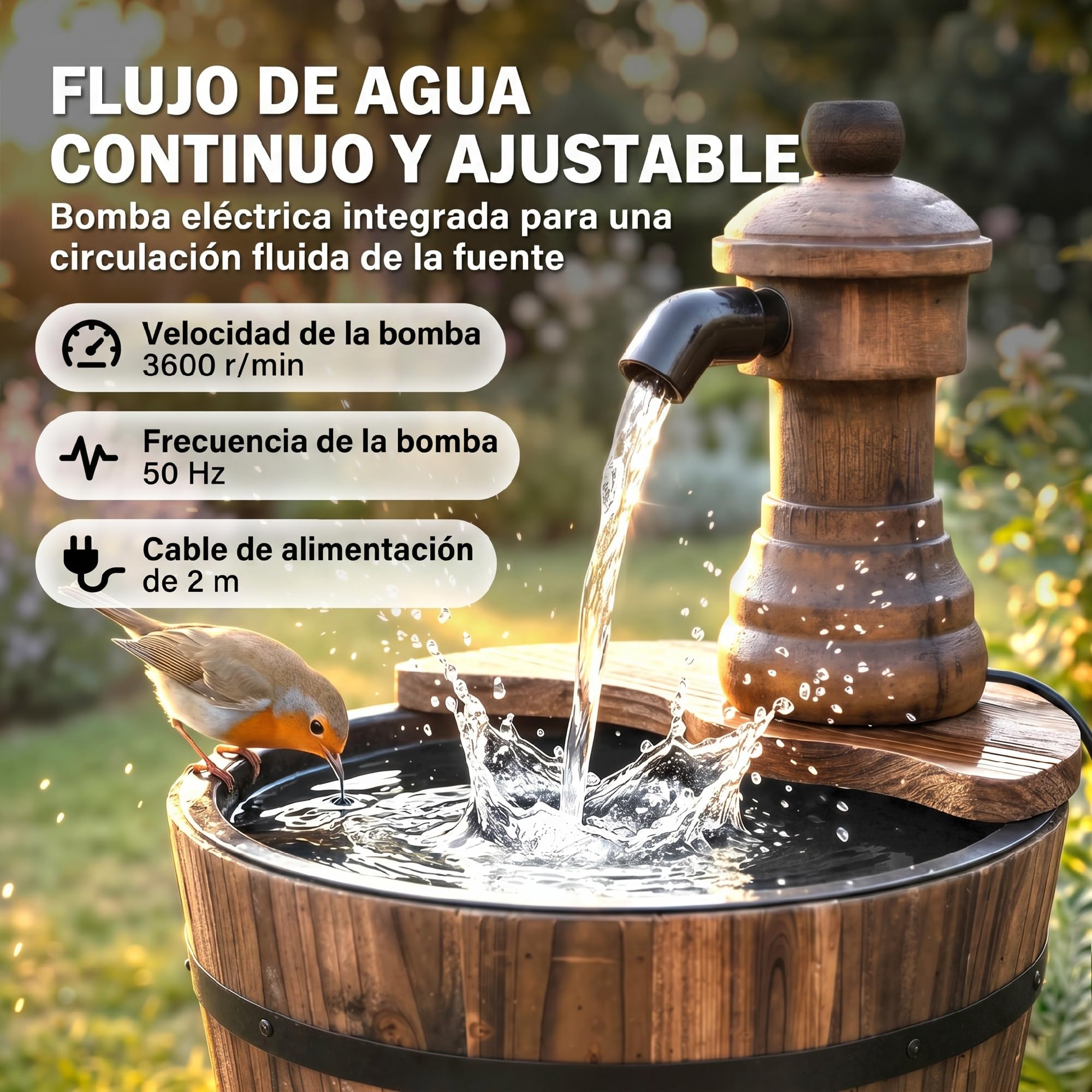 Outsunny Fuente de Agua de Madera Fuente de Jardín en Cascada con Bomba Eléctrica y Salida de Agua Ajustable para Decoración Patio Terraza 27x27x37 cm Natural