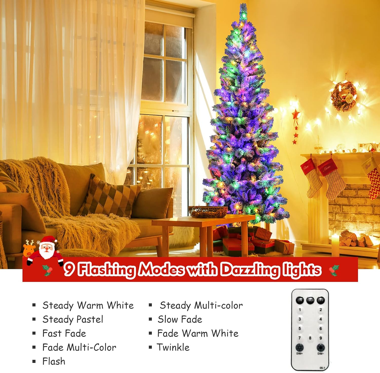 DORTALA Pre-lit Pencil Christmas Tree, 8FT Snow Flocked Skinny Artificial Xmas Tree with Remote, 795 Branch Tips, 350 Warm White & Multi-Color LED Lights, 9 Lighting Modes, Metal Stand, White