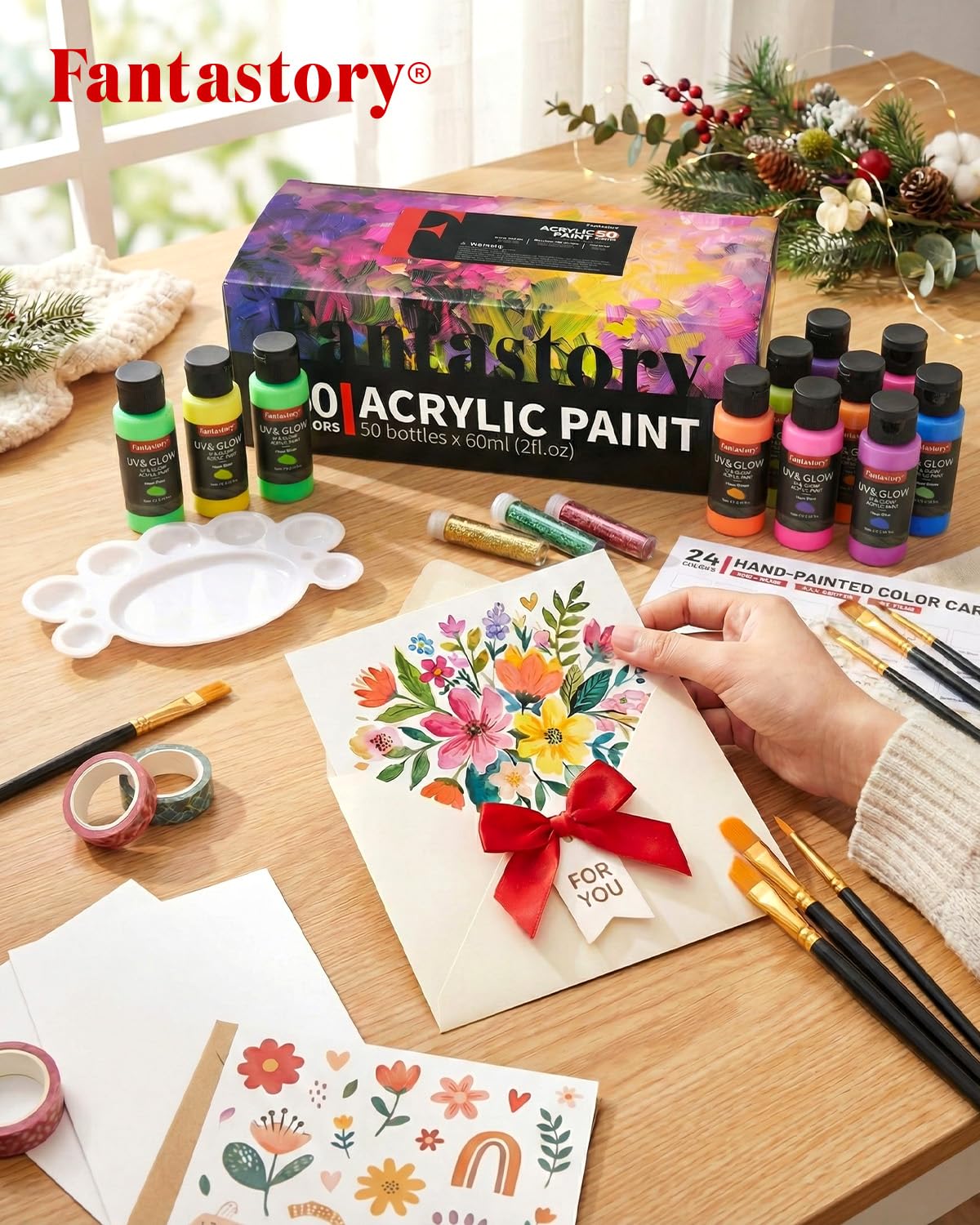 Fantastory Set di colori acrilici, 50 bottiglie da 60 ml + 10 pennelli, impermeabile, non sbiadisce, non tossico, per tela, legno, ceramica, modelli, principianti, studenti d'arte, hobbistica