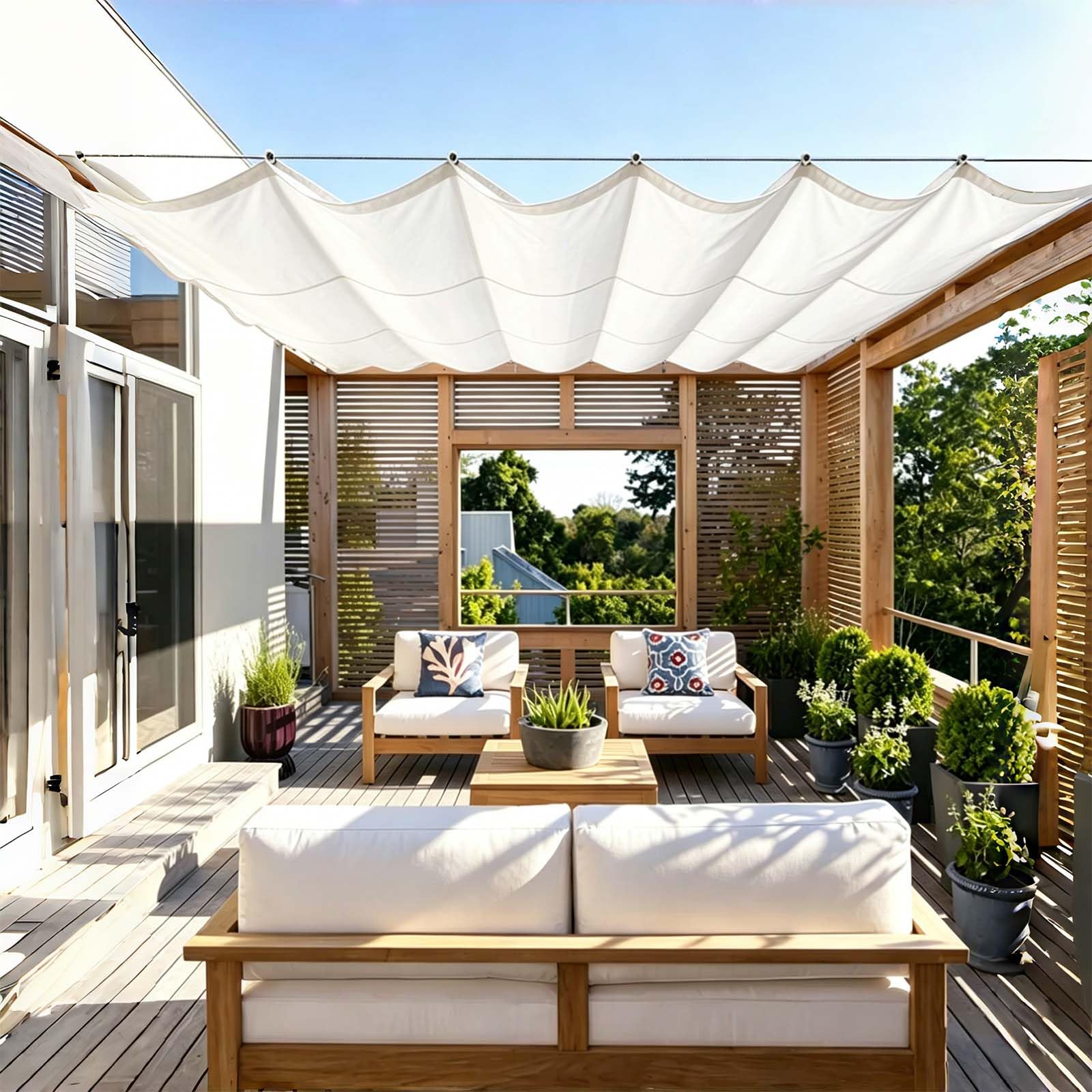 Auvent ondulé anti-UV résistant pour stopper la chaleur sur le patio avec sa toile PES