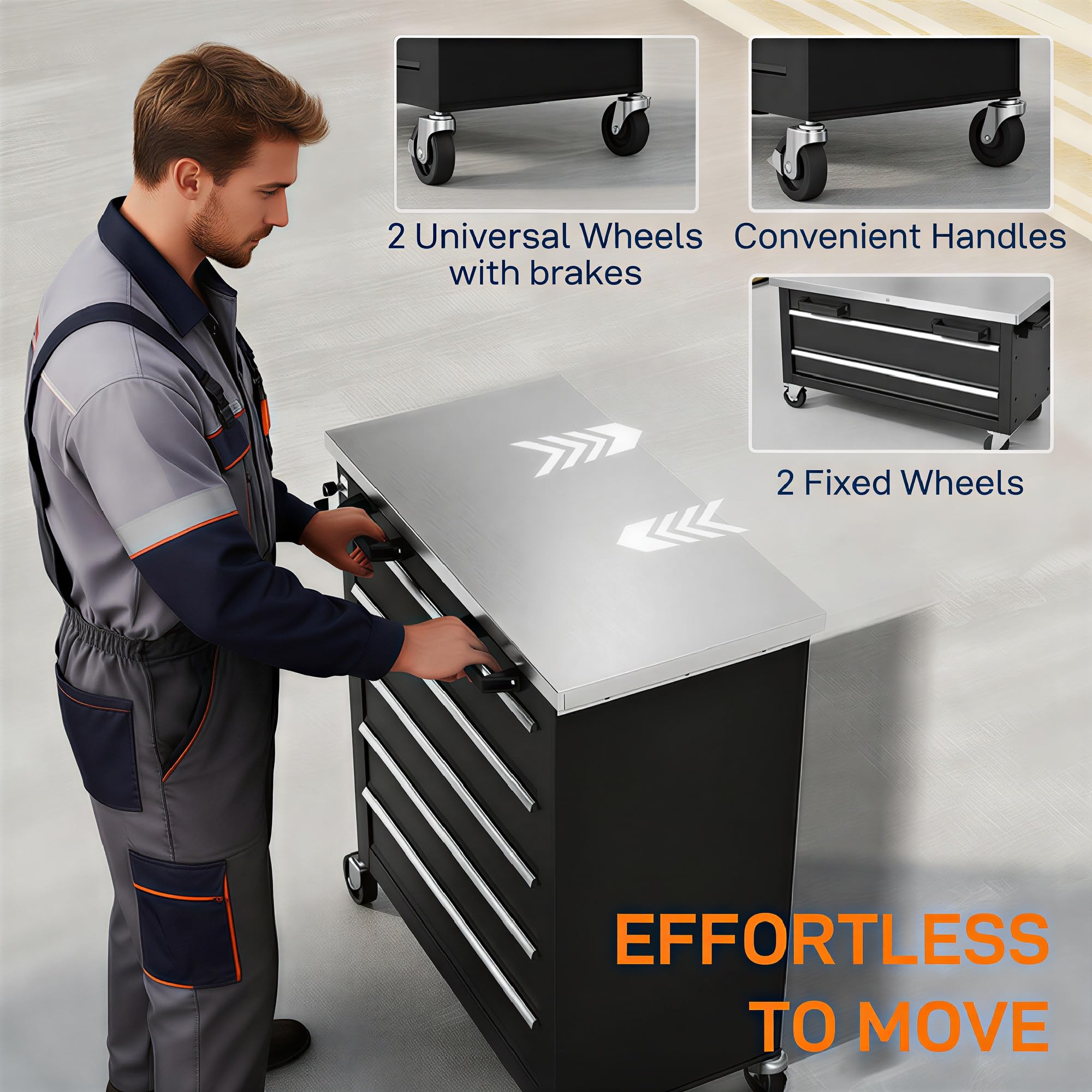 HOMCOM Carro de Herramientas con 5 Cajones y Cerradura, Carro de Taller con Ruedas con Freno, Encimera de Acero Inoxidable, Caja de Herramientas con Conectores Laterales para Garaje, Negro y Plata