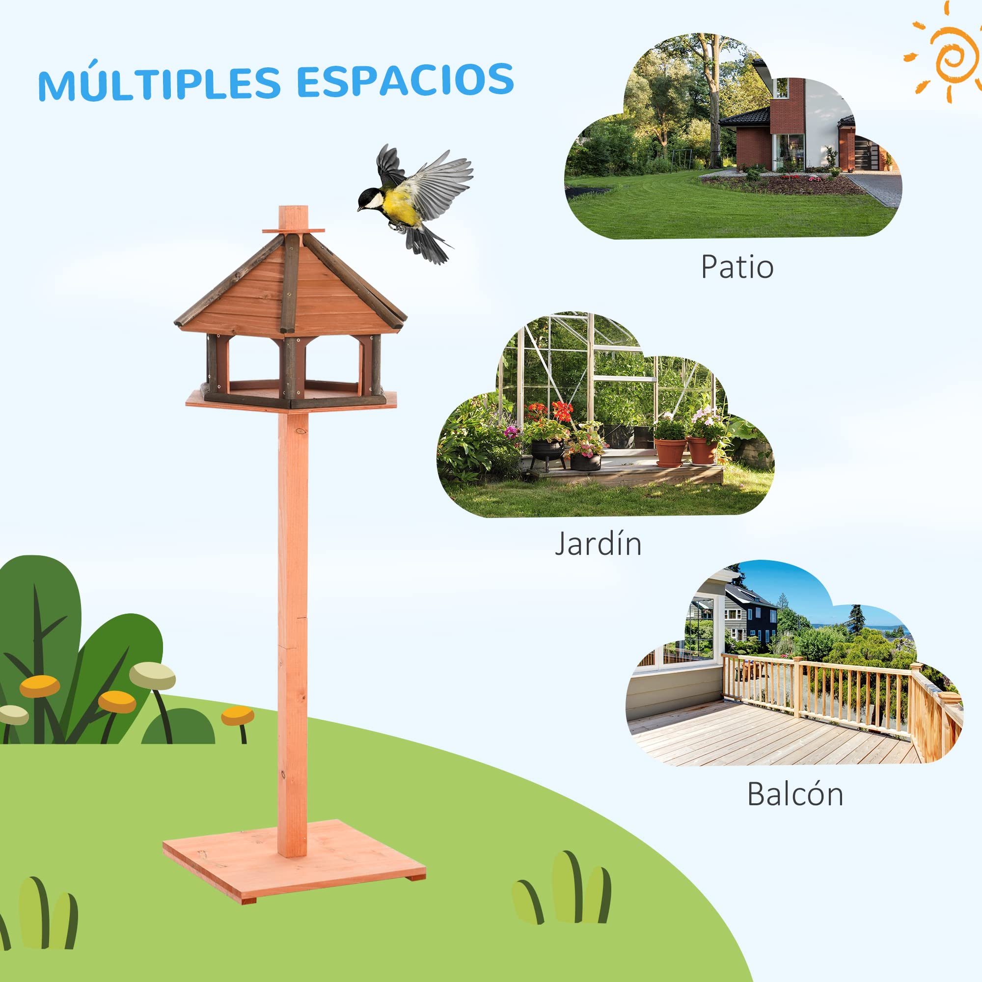 PawHut Comedero para Pájaros de Pie de Madera Maciza Ø52x130 cm con Techo Alimentador de Aves Silvestres Jardín Natural
