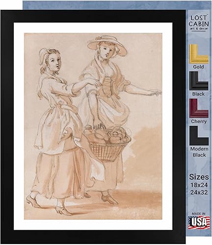 Miniatura 1 de Lost Cabin Two Girls Carrying a Basket by Paul Sandby  Matted Print in Black Flat Frame  Fine Artwork Painting Reproduction  Framed Wall Art Decor