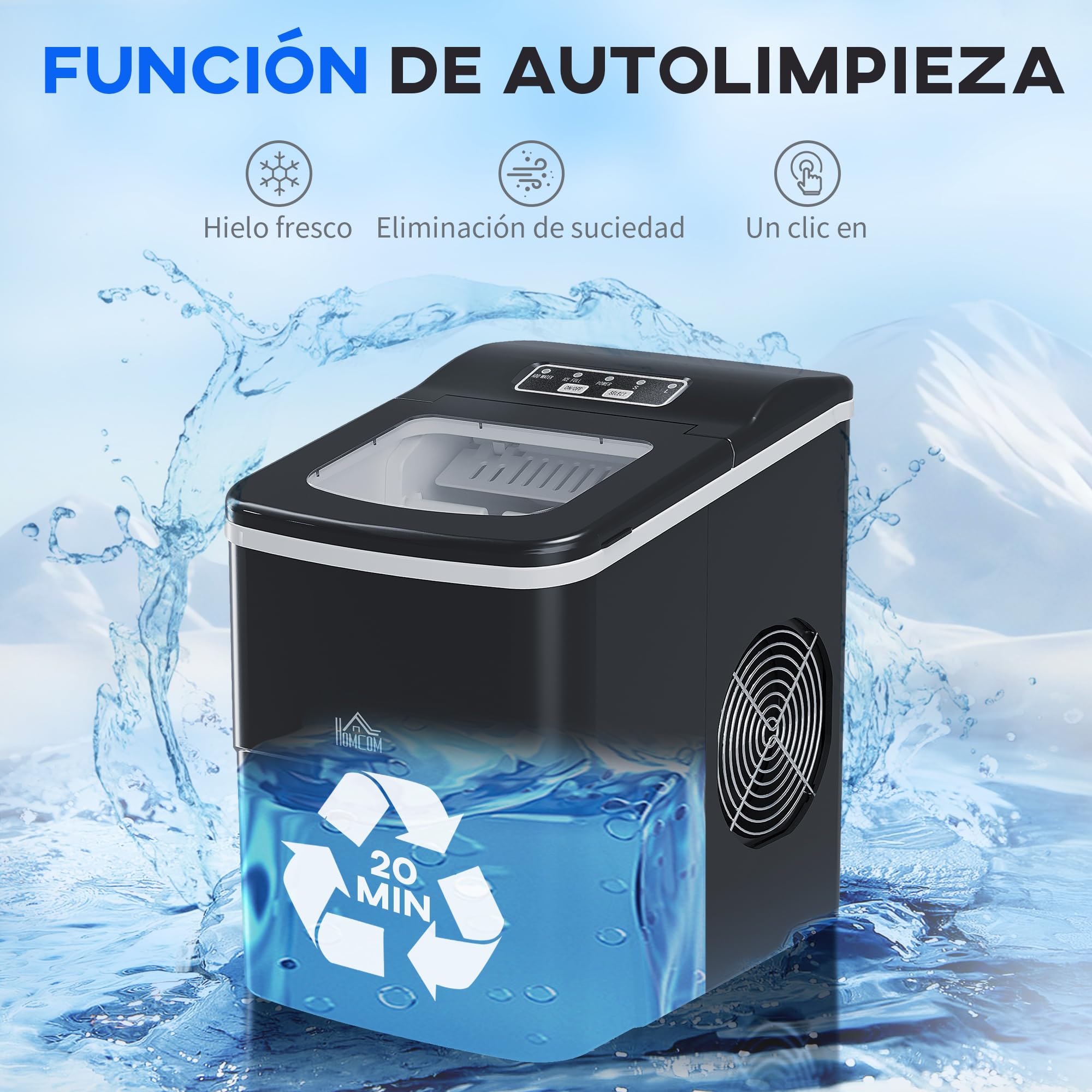 HOMCOM Máquina de Hielo Autolimpieza para Casa 12 kg/24h Negro | Máquina de Hacer Hielo, Ventana, 9 Cubitos de Hielo en 8 Minutos, 2 Tamaños de Cubitos, Cuchara Cesta