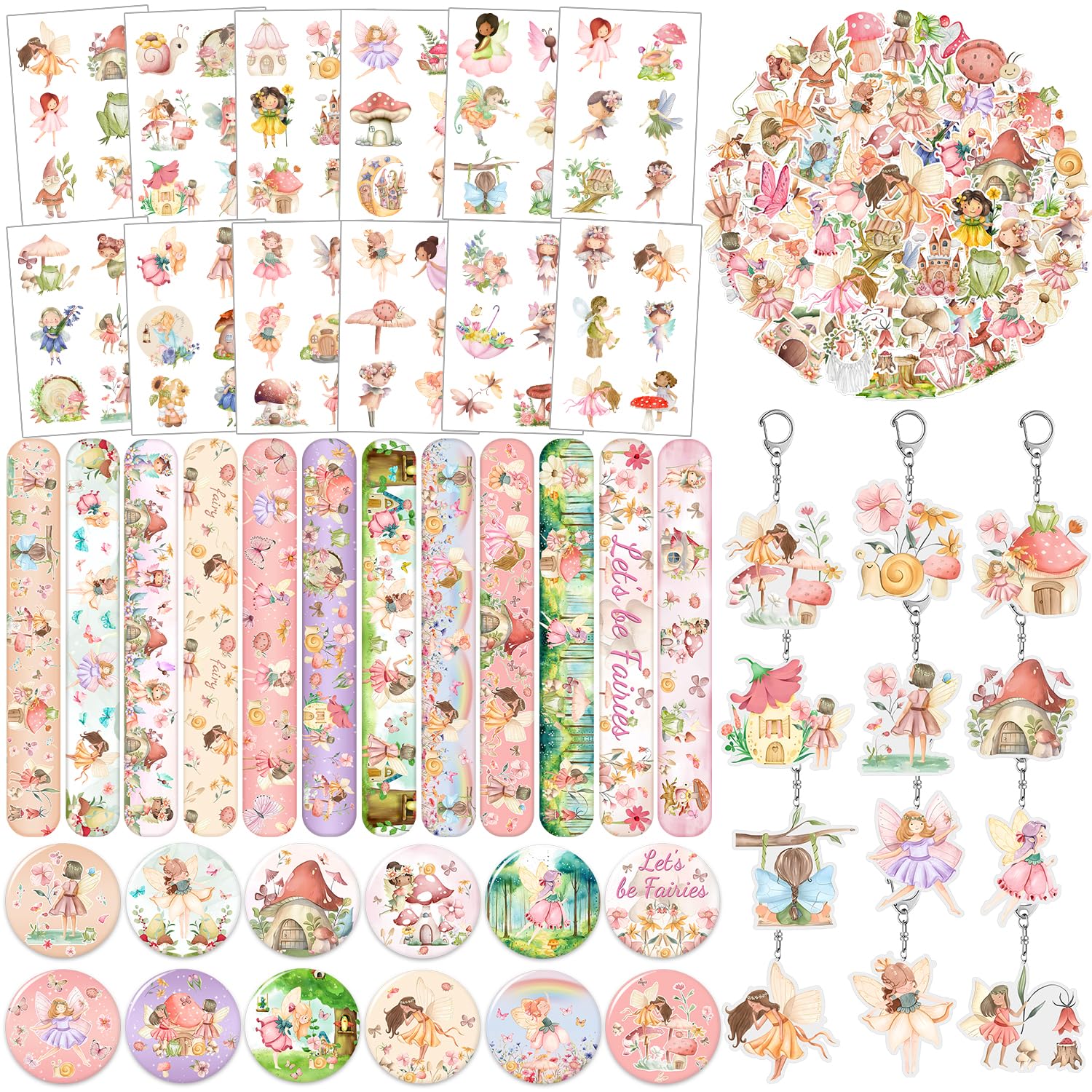 JIUMANGO 98PCS Party Favors - Woodland Fairy Decorations with Slap Bracelets, Stickers, Badges, Keychains, Tattoos for First Birthday Party Supplies