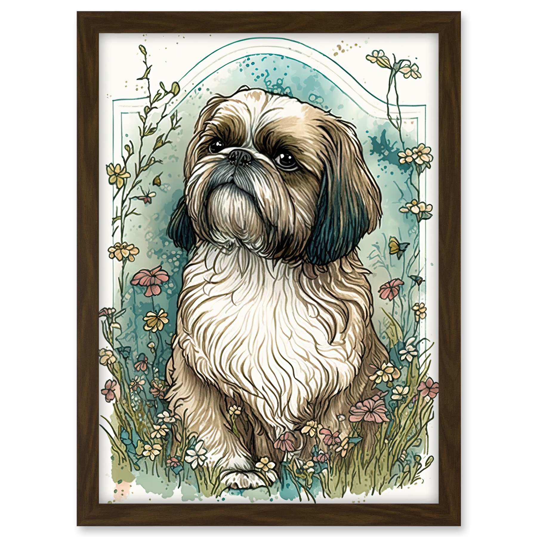 Artery8 Shih Tzu Dog with Wildflowers Modern Art Nouveau Inspired Illustration Artwork Framed A3 Wall Art Print
