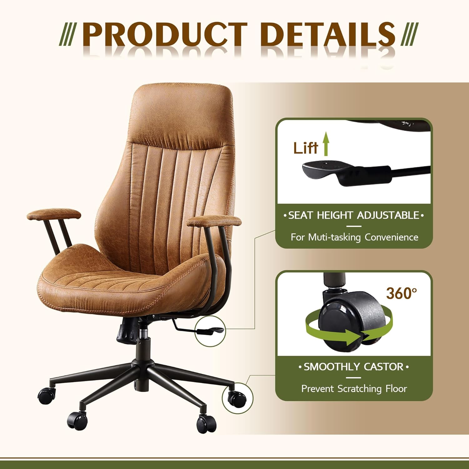 High Back Office Chair,Modern Swivel Office Chair,Brown Suede Fabric Gaming Chair,Height Adjustable Home Office Desk Chair with Lumbar Support - Image 6