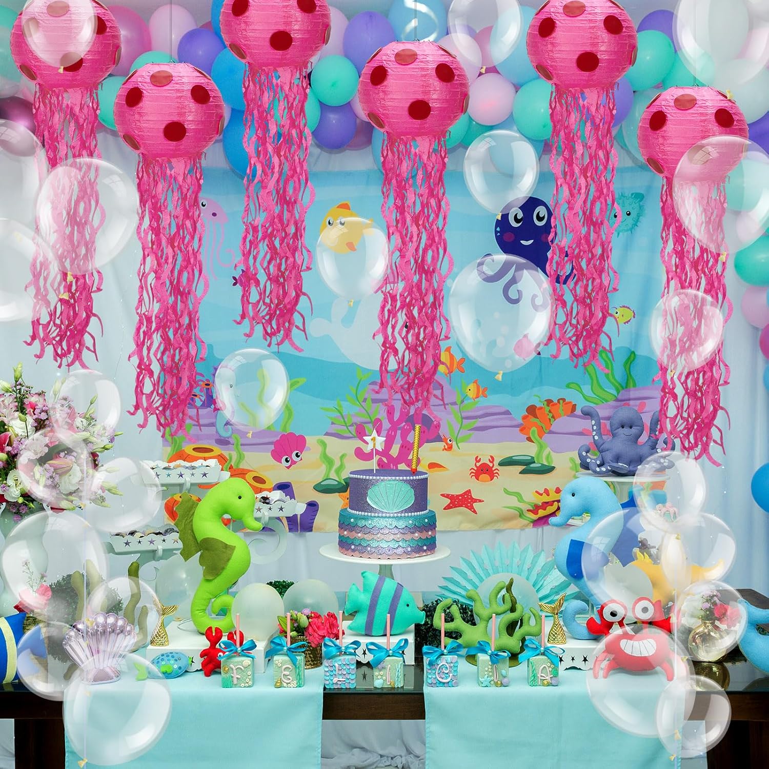 Lunmon 6 Sets Sponge Themed Birthday Party Decoration 8 or 10 Inch Jellyfish Hanging Paper Lanterns 100 Pcs 5/10 Inch Clear Balloon Cartoon Lantern for Ocean Mermaid Under The Sea Party (Rose Red)