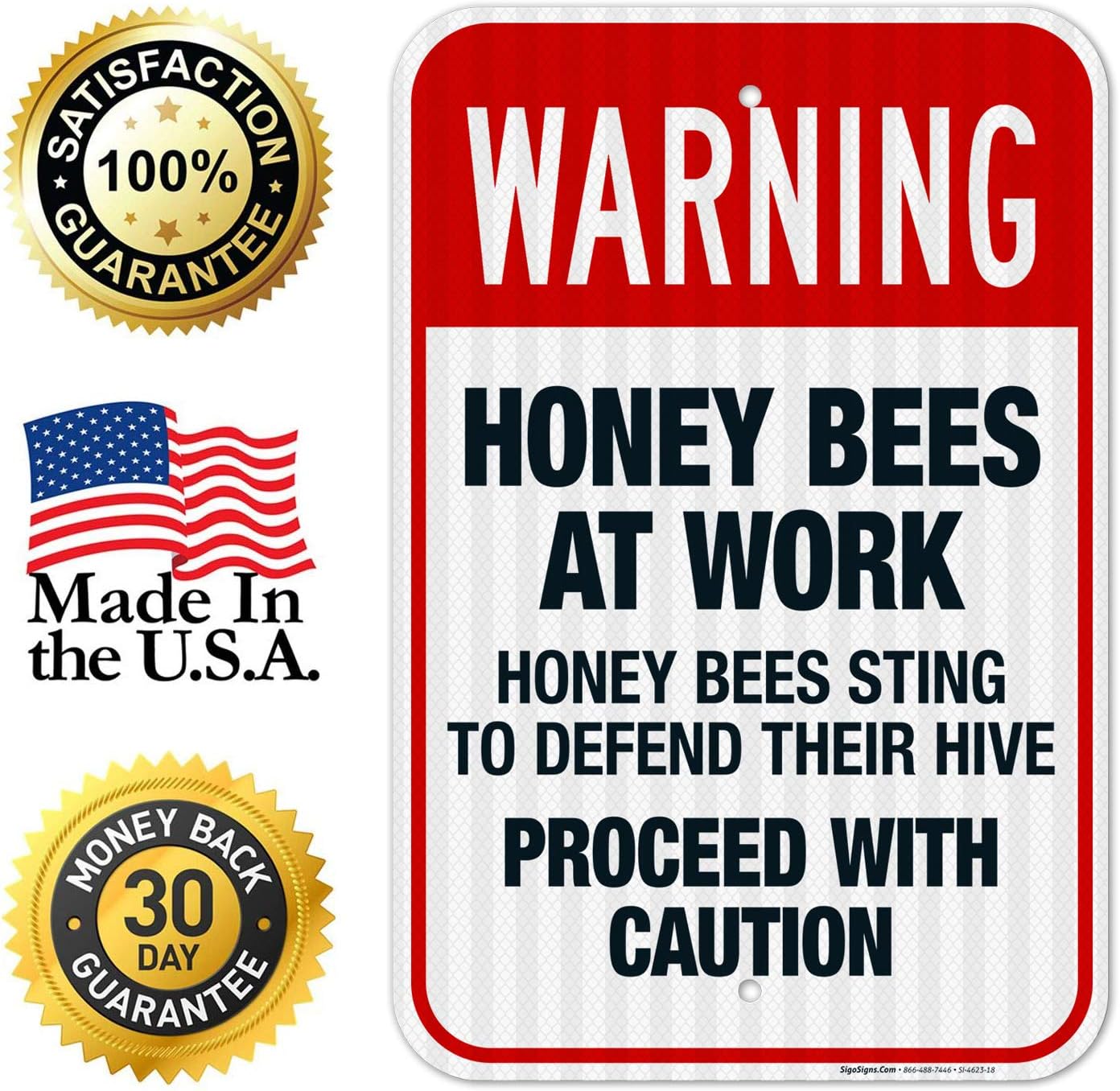 Honey Bees at Work Honey Bees Sting to Defend Their Hive Proceed Sign, OSHA Warning Sign, 12x18 Inches, 3M EGP Reflective .063 Aluminum, Fade Resistant, Indoor/Outdoor Use, Made in USA