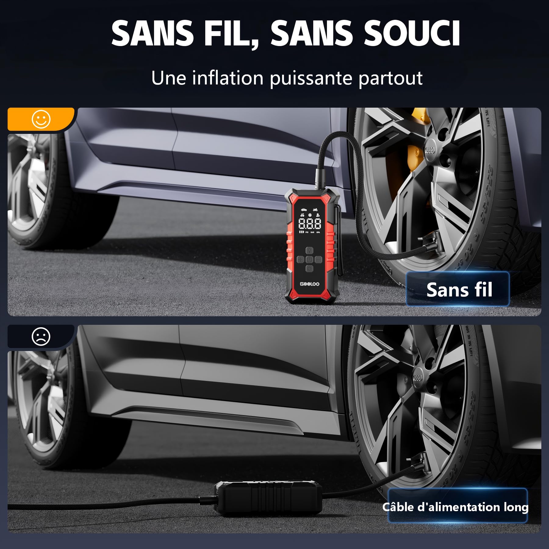 GOOLOO A6 Gear Compresseur d'air Portable 160 PSI (11 BAR) | Gonfleur Pneu Sans Fil, Manomètre Numérique, Pompe Électrique Intelligente, Arrêt Automatique, Lumière LED Pour Pickup