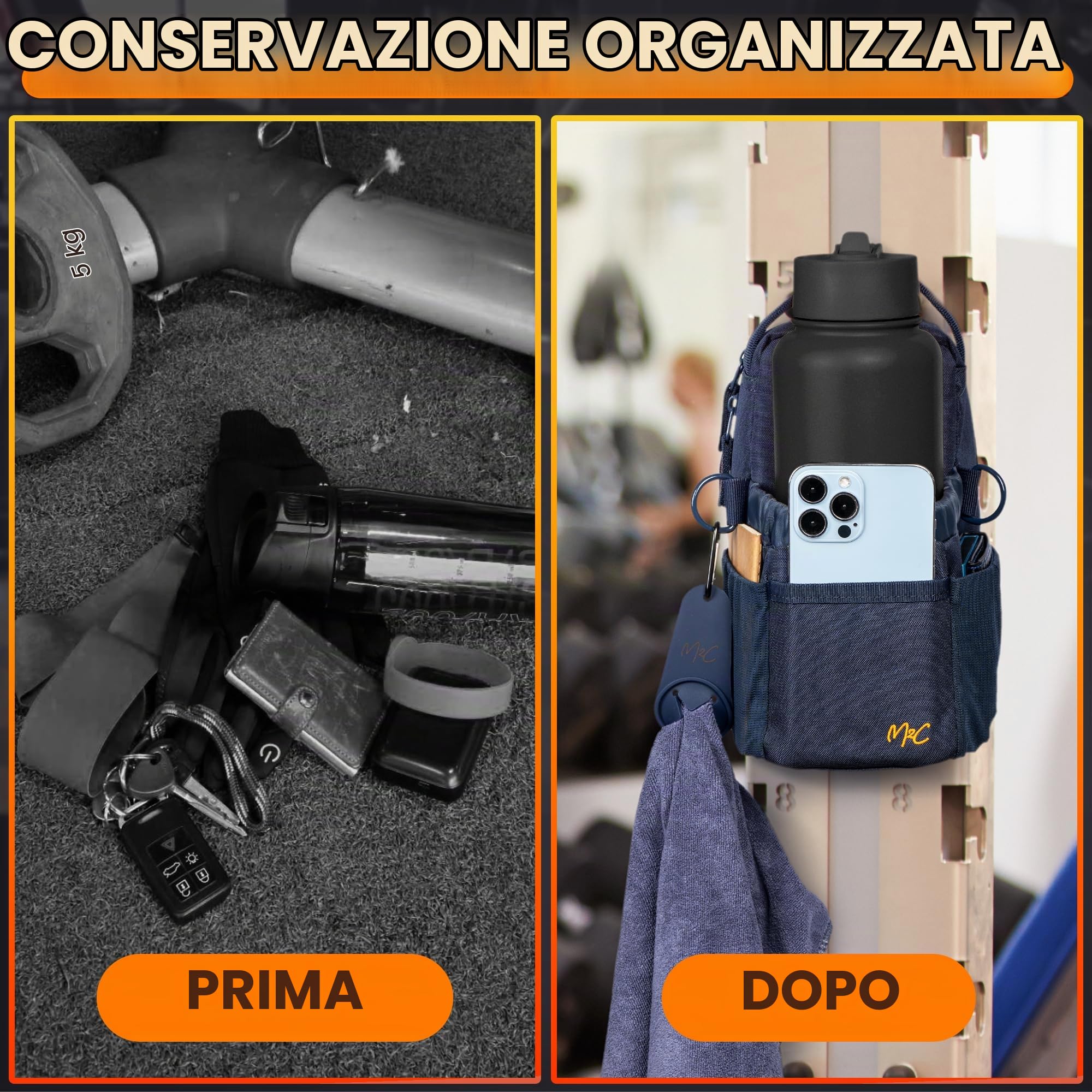 M2C® Borsa Magnetica Palestra - la tua compagna ideale per lo sport! Piccola sacca da palestra per uomo e donna con potenti magneti, bottiglia d'acqua e supporto per telefono e clip per chiavi