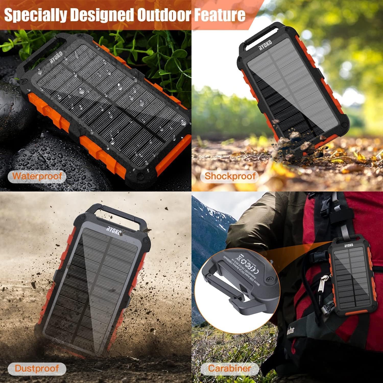 Image showing the solar power bank charging multiple devices like a smartphone, tablet, and another smartphone, with indicators of how many charges it can provide.