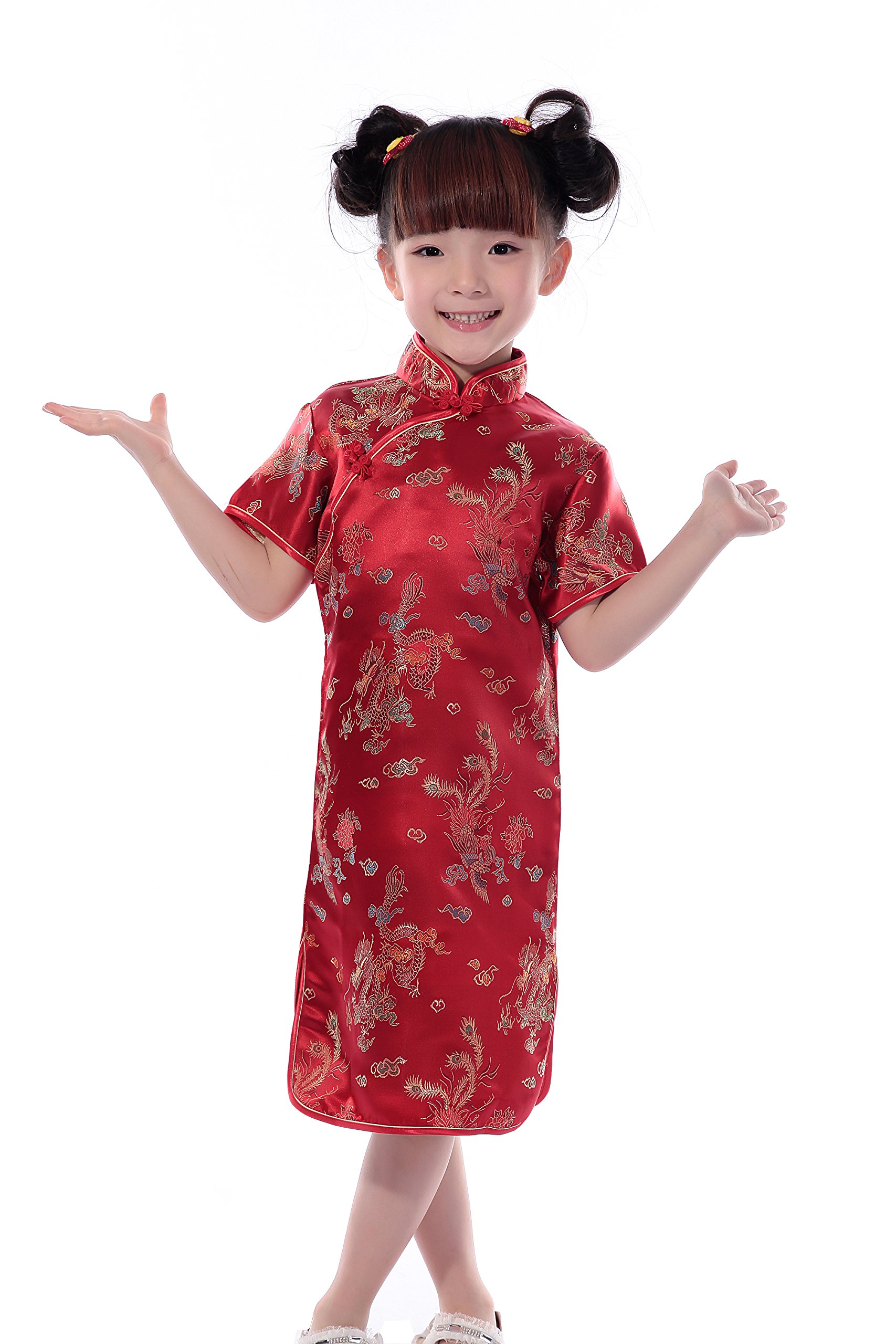 JTC Kids Girls Dragon Phoenix Short Sleeve Chinese Party Dress Qipao Children Cheongsam (12-Suggest Age 7-8 Years, Red)