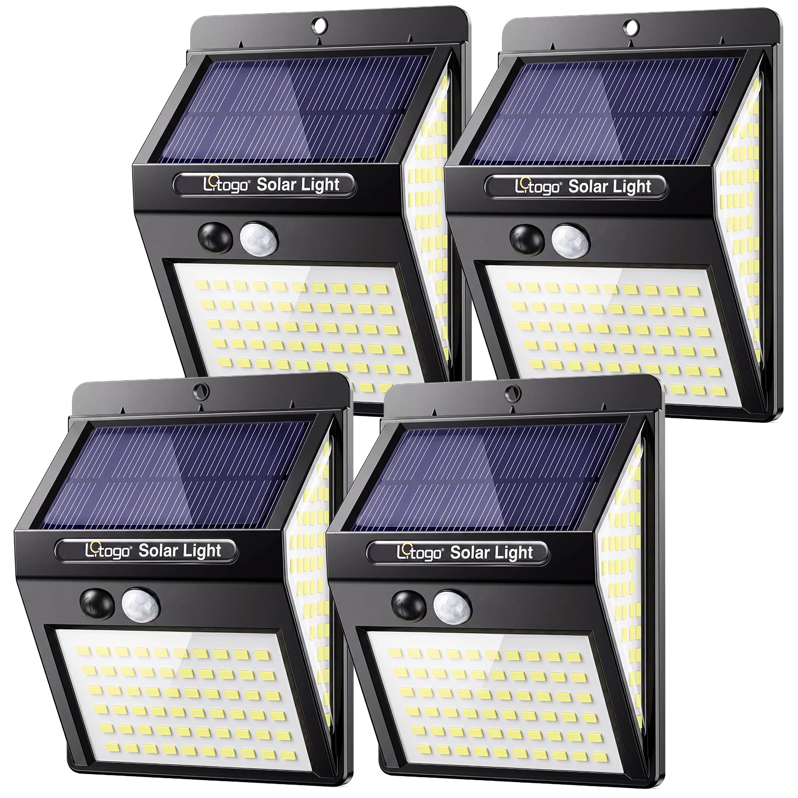 litogo 4 Pack 140 LED Solar Security Lights Outdoor, 270°Wide Angle Motion Sensor Solar Powered Wall Lights, 3 Modes IP65 Waterproof Outside Lighting for Garden Fence Front Door Yard Garage Pathway