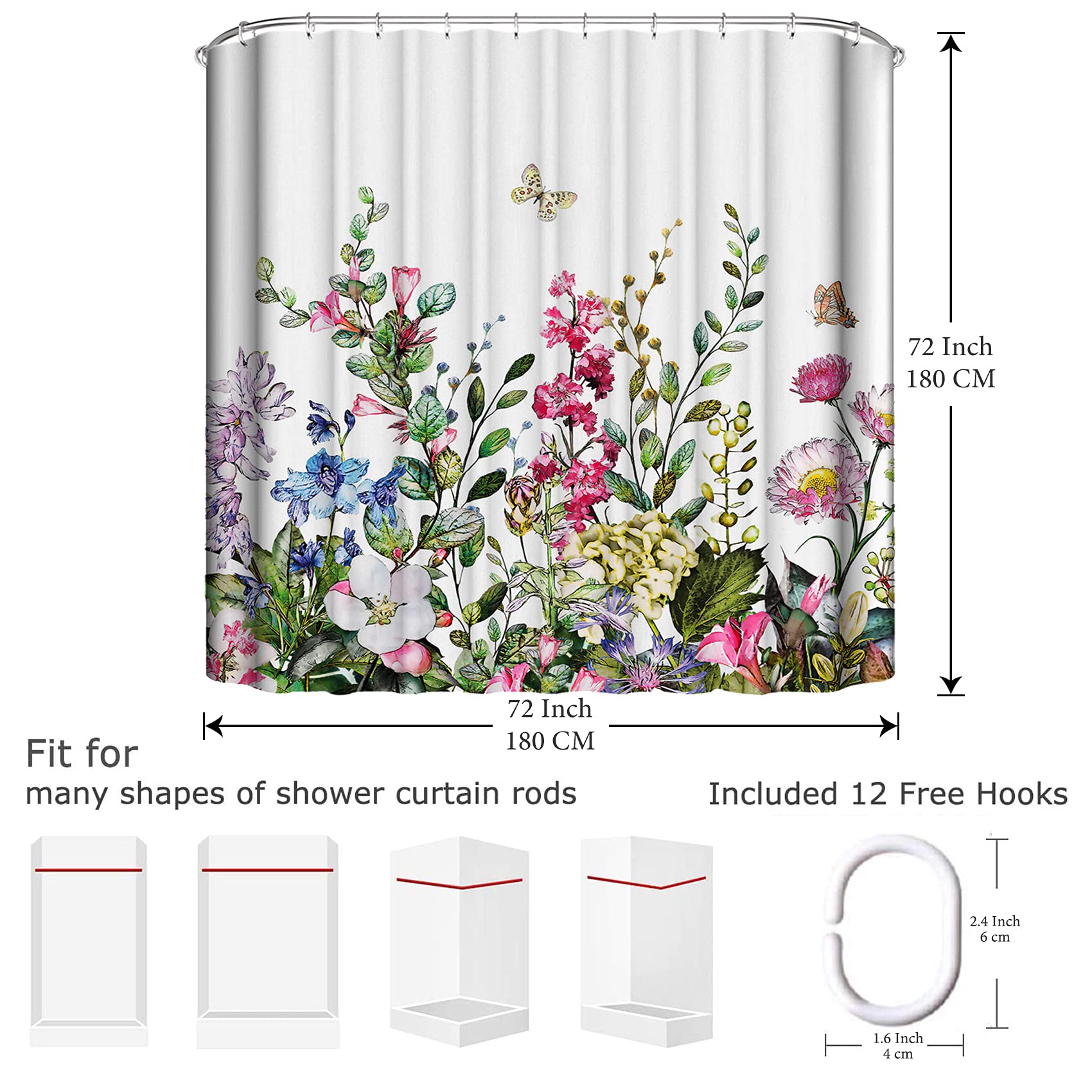 LIVETTY Floral Bathroom Shower Curtains Fabric Shower Curtain Waterproof Curtains for Bathroom Quick-Drying Kitchen Curtains Machine Washable with 12 Hooks-Multi Color 180CM*180CM-Flower style1 - Image 4