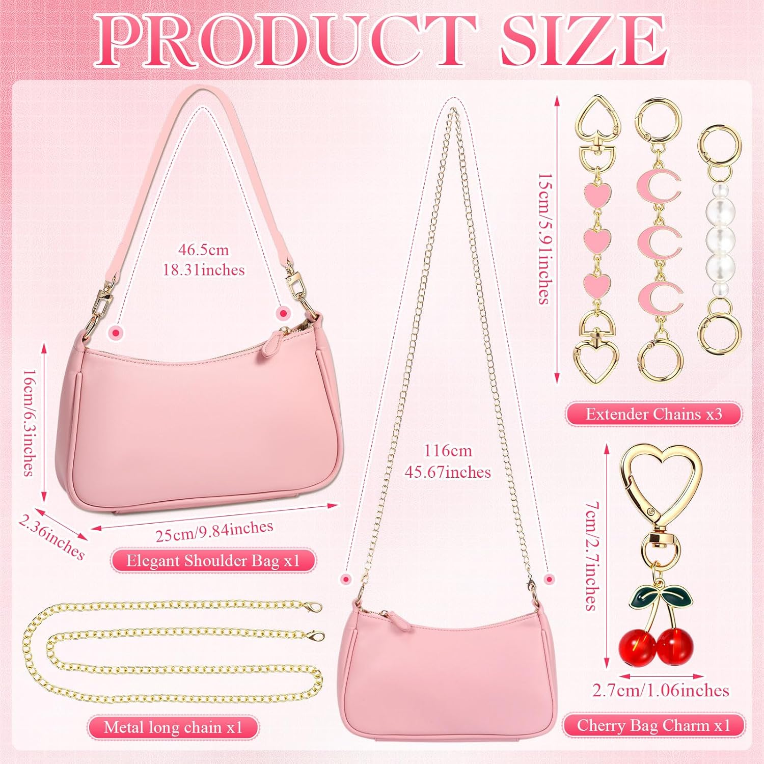 Abbylike 6 Pcs Shoulder Purse for Women with 3 Extender Chain Cherry Charm Small Leather Bag Handbag Tote Kit Birthday Gift