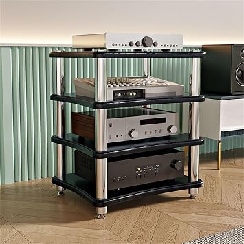 Audio Rack Media Shelf Record Player Stand Stereo Cabinet for Game Console Audio Equipment Storage 1/2/3/4 Tier Vinyl Record Player Stand HiFi Stereo Rack AV Component Shelf,Black,4 Tier