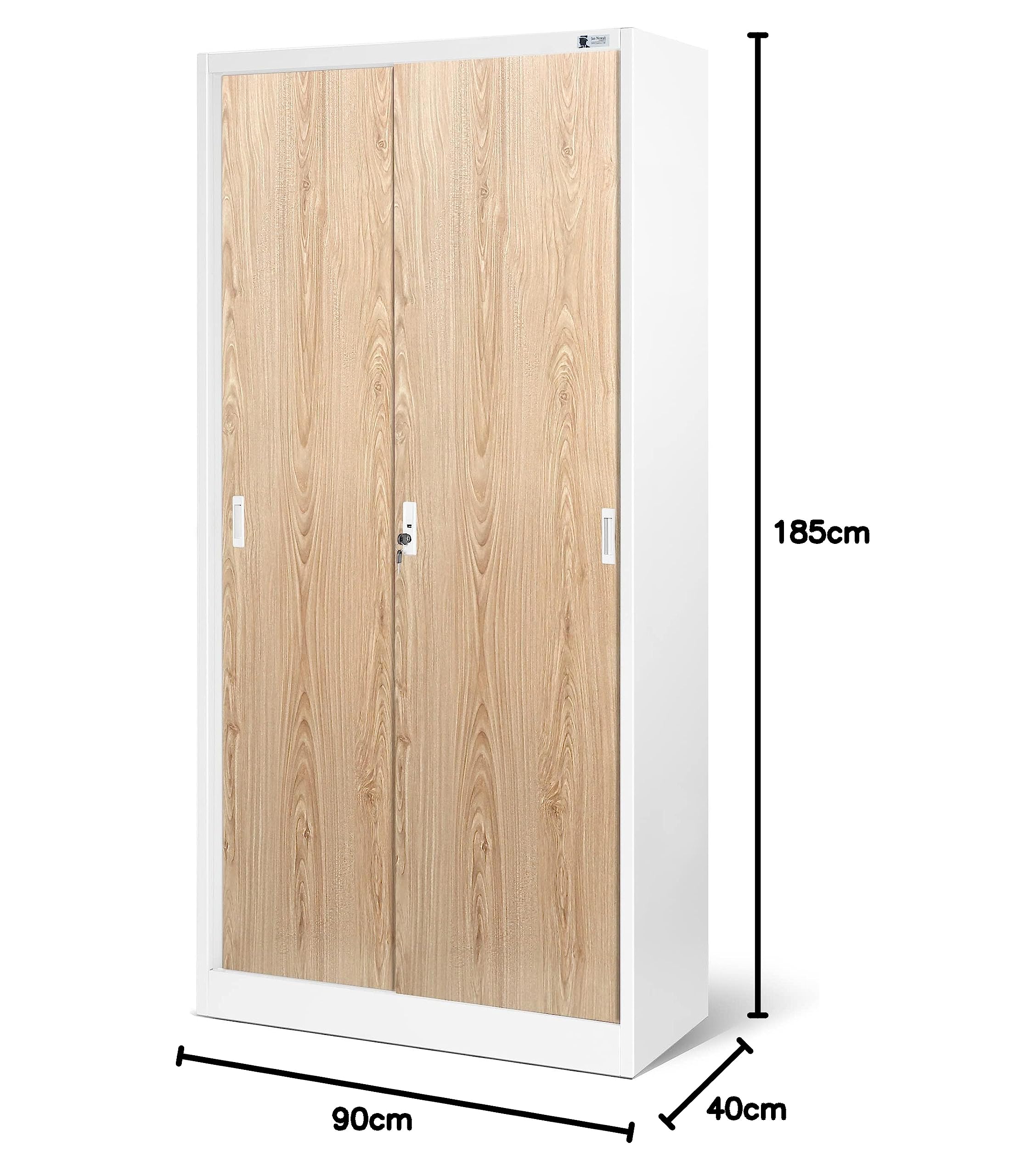 Jan Nowak Aktenschrank Büroschrank mit Schiebetüren Metall 4 Fachböden Pulverbeschichtung Abschließbar 185 cm x 90 cm x 40 cm (Weiß/Holzoptik)