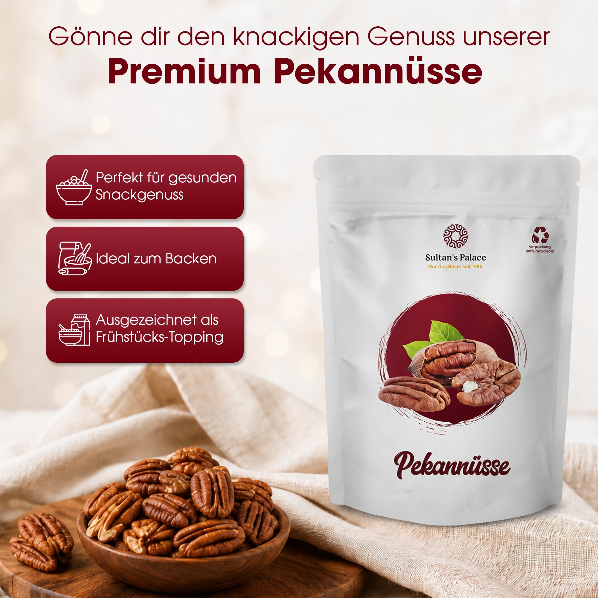Sultan’s Palace Pekannüsse 1kg I Nüsse in Bester Premium Qualität – Reichhaltige Protein Snacks & Müsli Toppings I Naturbelassen, Unbehandelte Nüsse ohne Salz (Vegan, Glutenfrei)