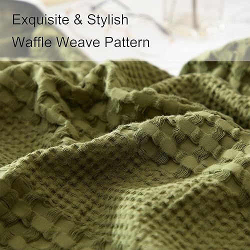 Miniatura 5 de Ivellow Juego de funda de edredón de tejido de gofre, funda de edredón 100% algodón, tamaño King, con textura, color verde oliva, verde salvia,