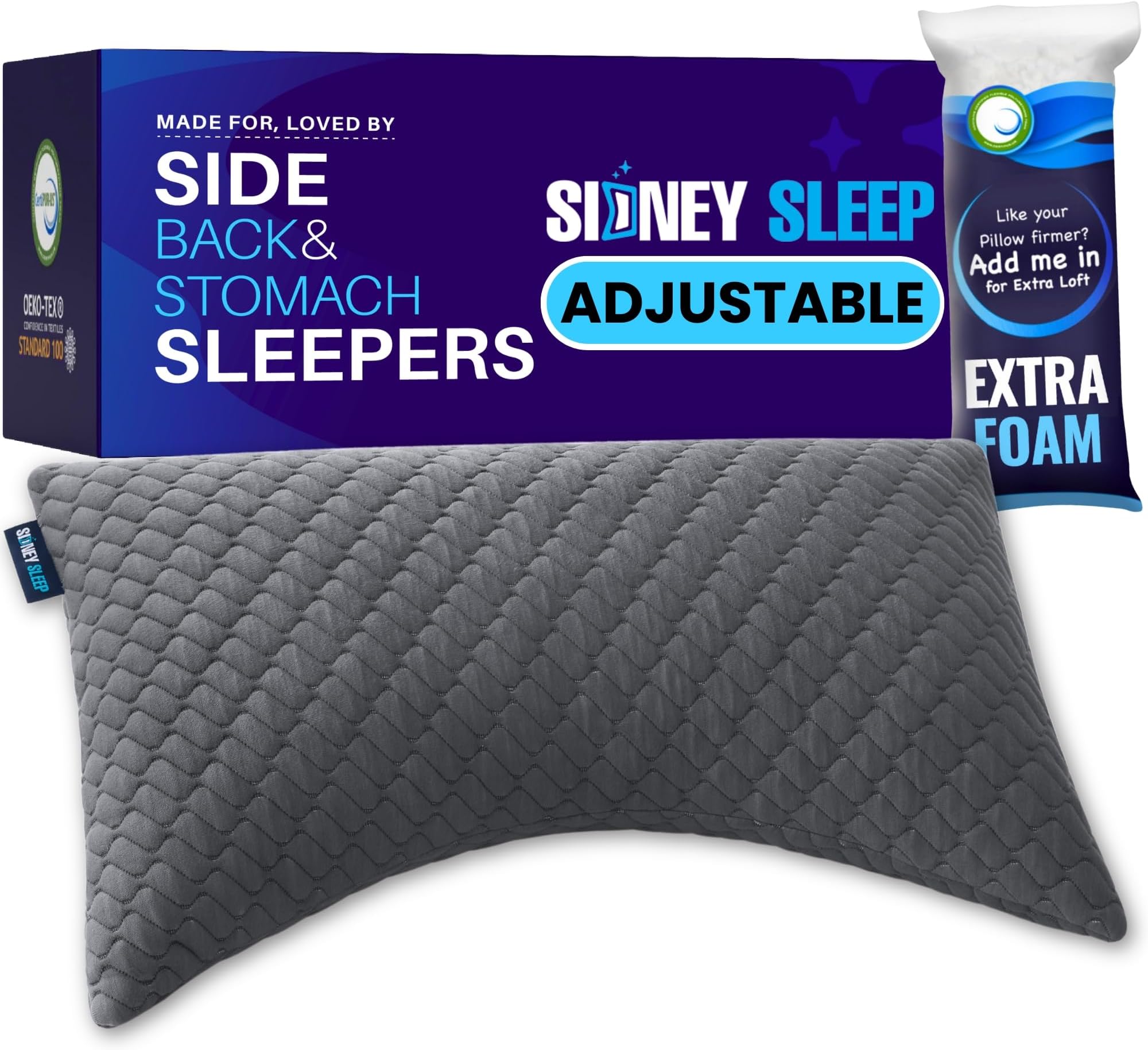 Sidney Sleep Side and Back Sleeper Pillow for Neck and Shoulder Pain Relief - Memory Foam Bed Pillow for Sleeping - 100% Adjustable Fill - Queen Size Washable Case - Extra Fill Included (Queen, Grey)